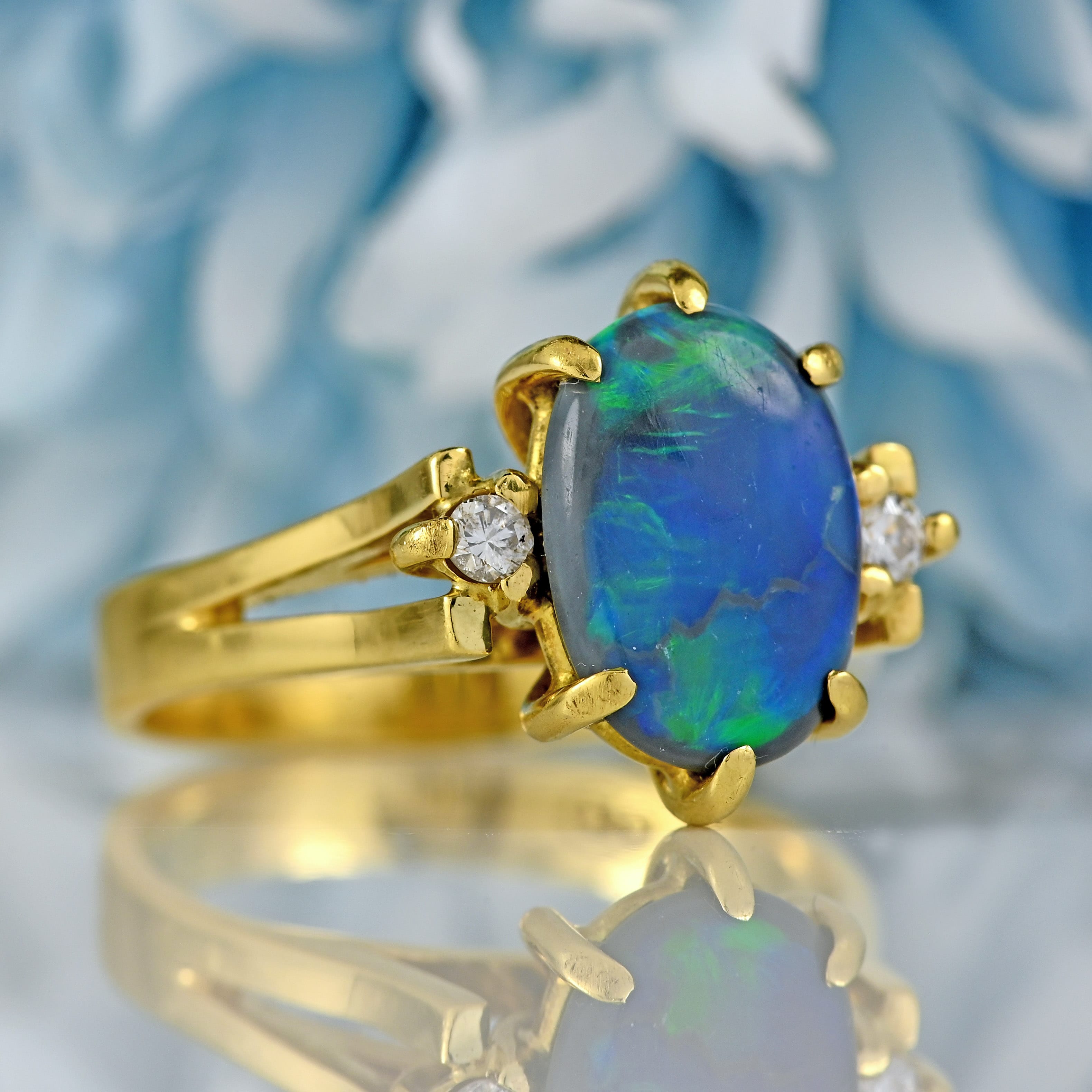 Ellibelle Jewellery Vintage Black Opal & Diamond 18ct Gold Three-Stone Ring (0.80cts)