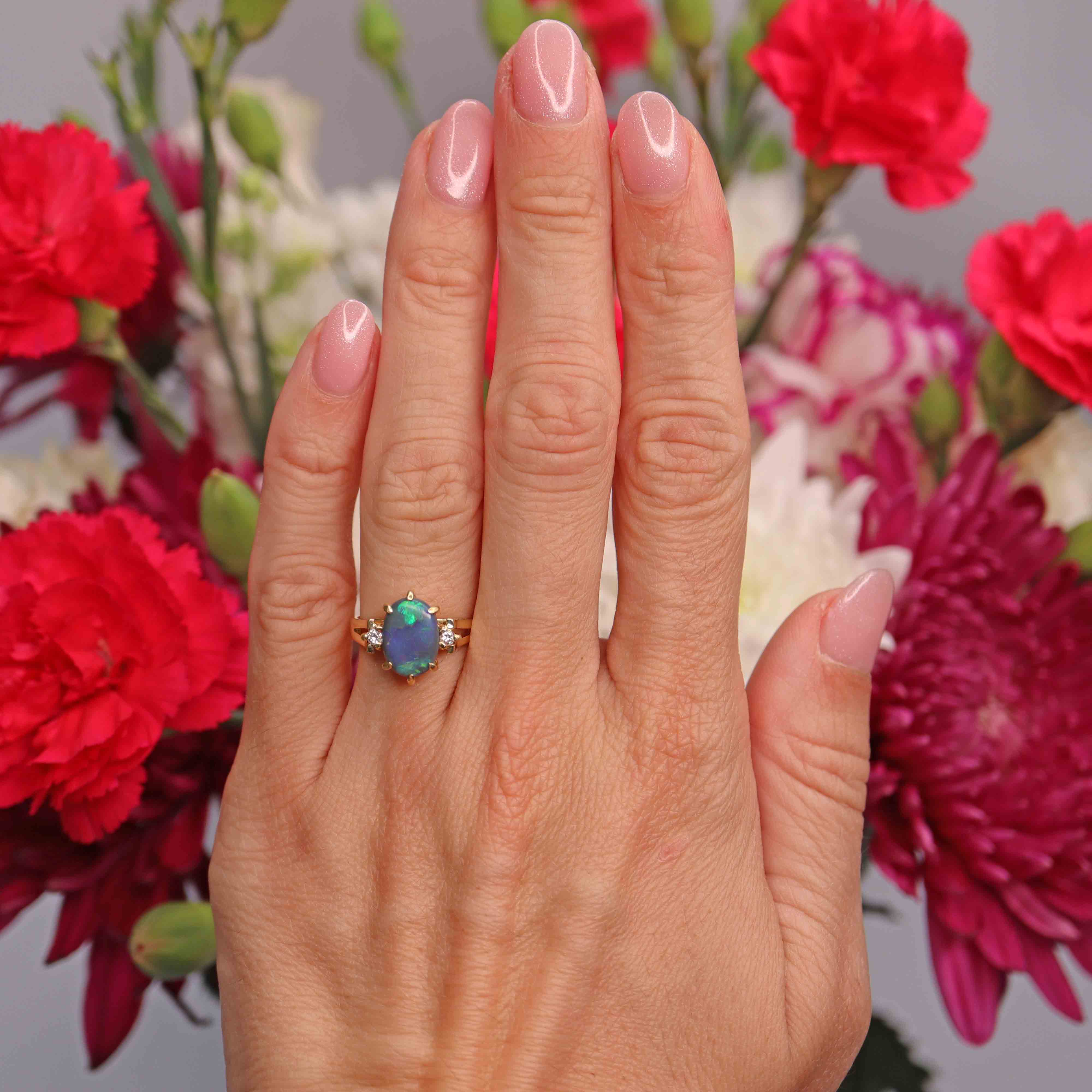 Ellibelle Jewellery Vintage Black Opal & Diamond 18ct Gold Three-Stone Ring (0.80cts)