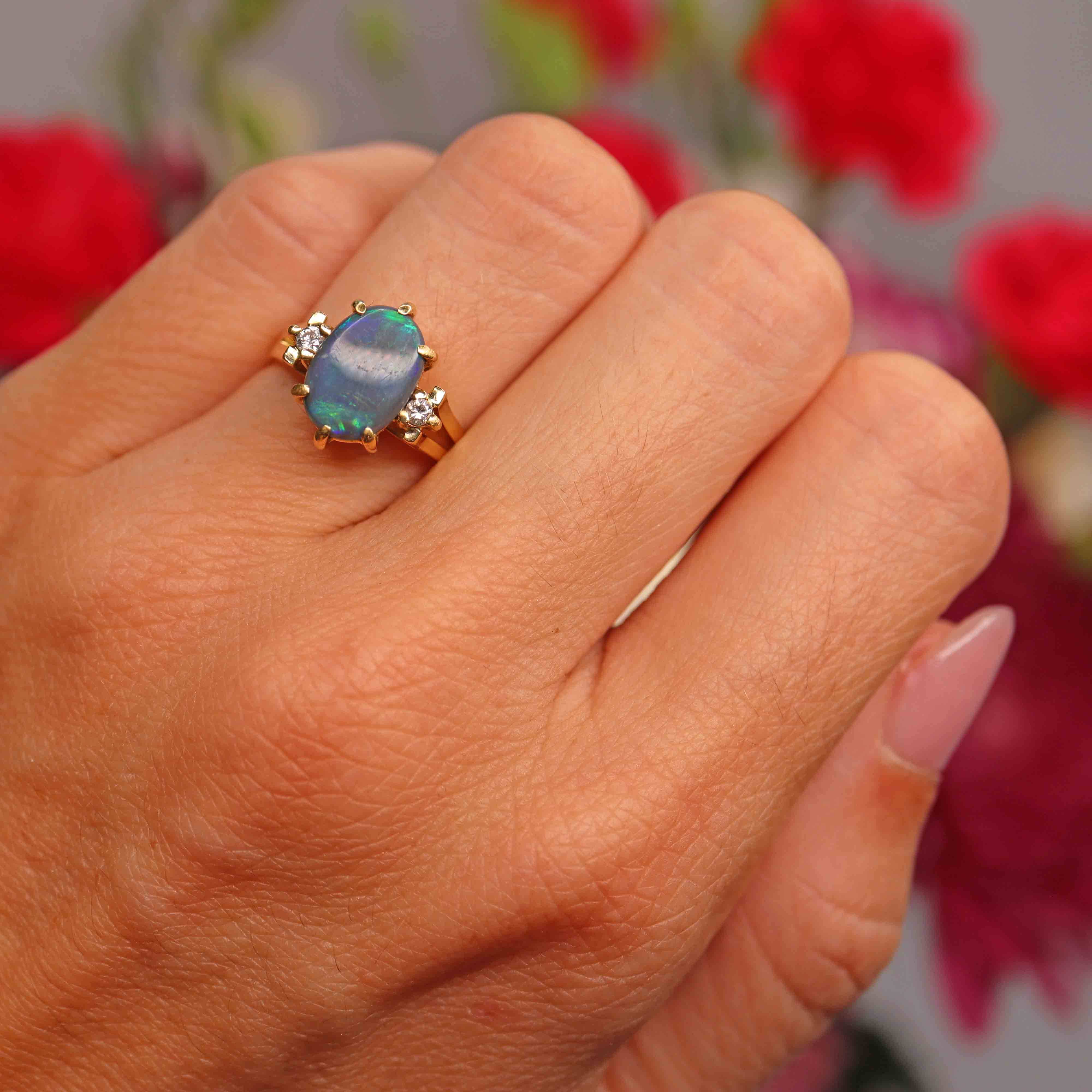 Ellibelle Jewellery Vintage Black Opal & Diamond 18ct Gold Three-Stone Ring (0.80cts)