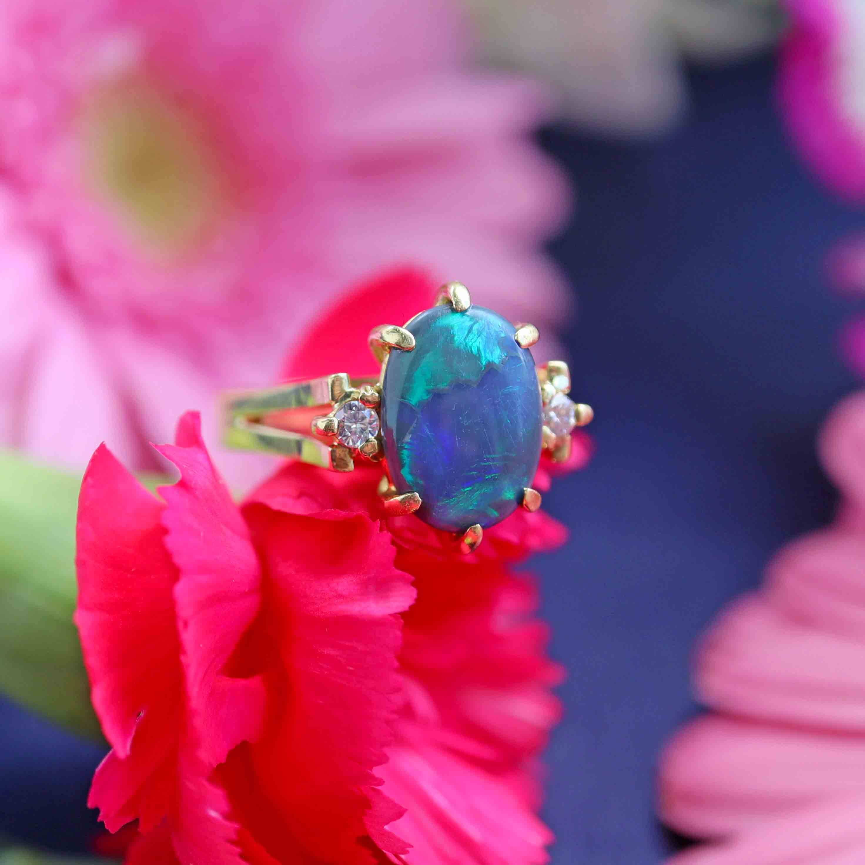 Ellibelle Jewellery Vintage Black Opal & Diamond 18ct Gold Three-Stone Ring (0.80cts)