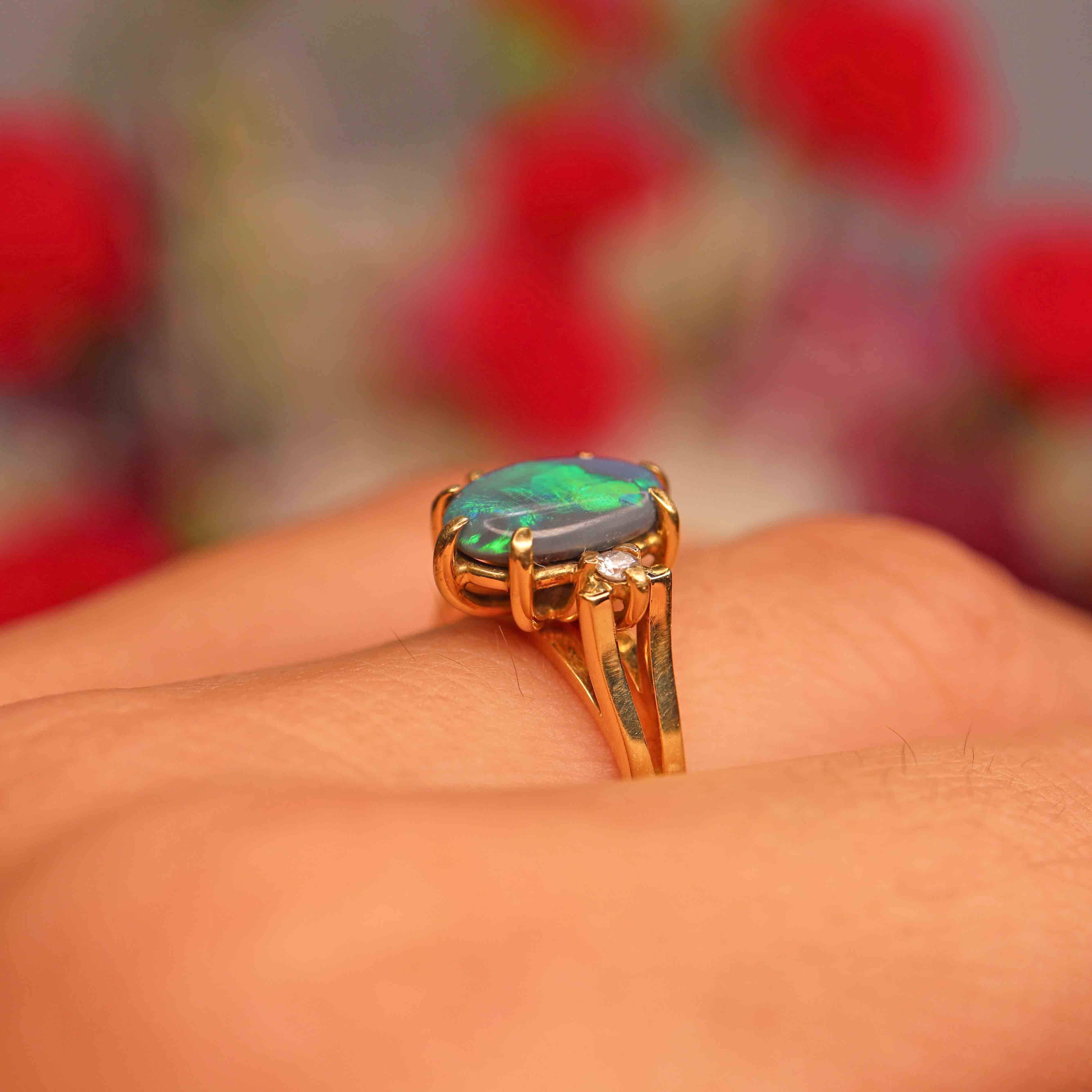 Ellibelle Jewellery Vintage Black Opal & Diamond 18ct Gold Three-Stone Ring (0.80cts)