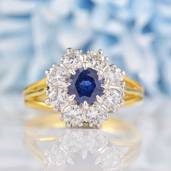 Ellibelle Jewellery Vintage Blue Sapphire & Diamond 18ct Gold Halo Cluster Ring