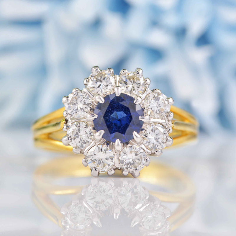 Ellibelle Jewellery Vintage Blue Sapphire & Diamond 18ct Gold Halo Cluster Ring