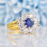 Ellibelle Jewellery Vintage Blue Sapphire & Diamond 18ct Gold Halo Cluster Ring