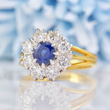 Ellibelle Jewellery Vintage Blue Sapphire & Diamond 18ct Gold Halo Cluster Ring