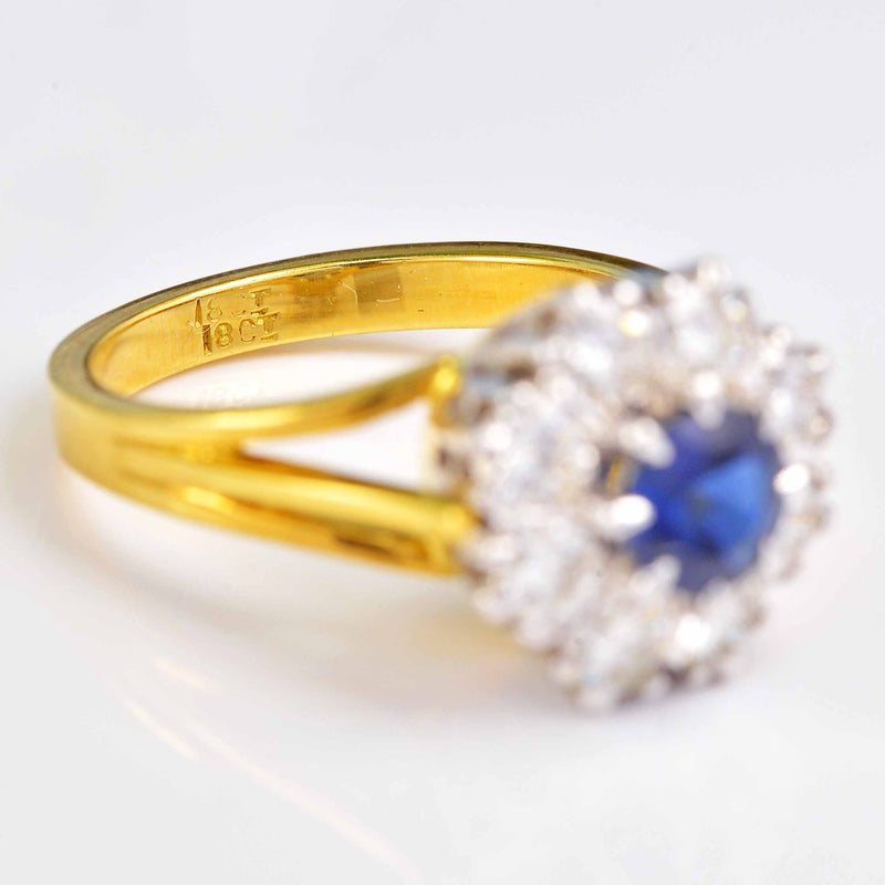 Ellibelle Jewellery Vintage Blue Sapphire & Diamond 18ct Gold Halo Cluster Ring