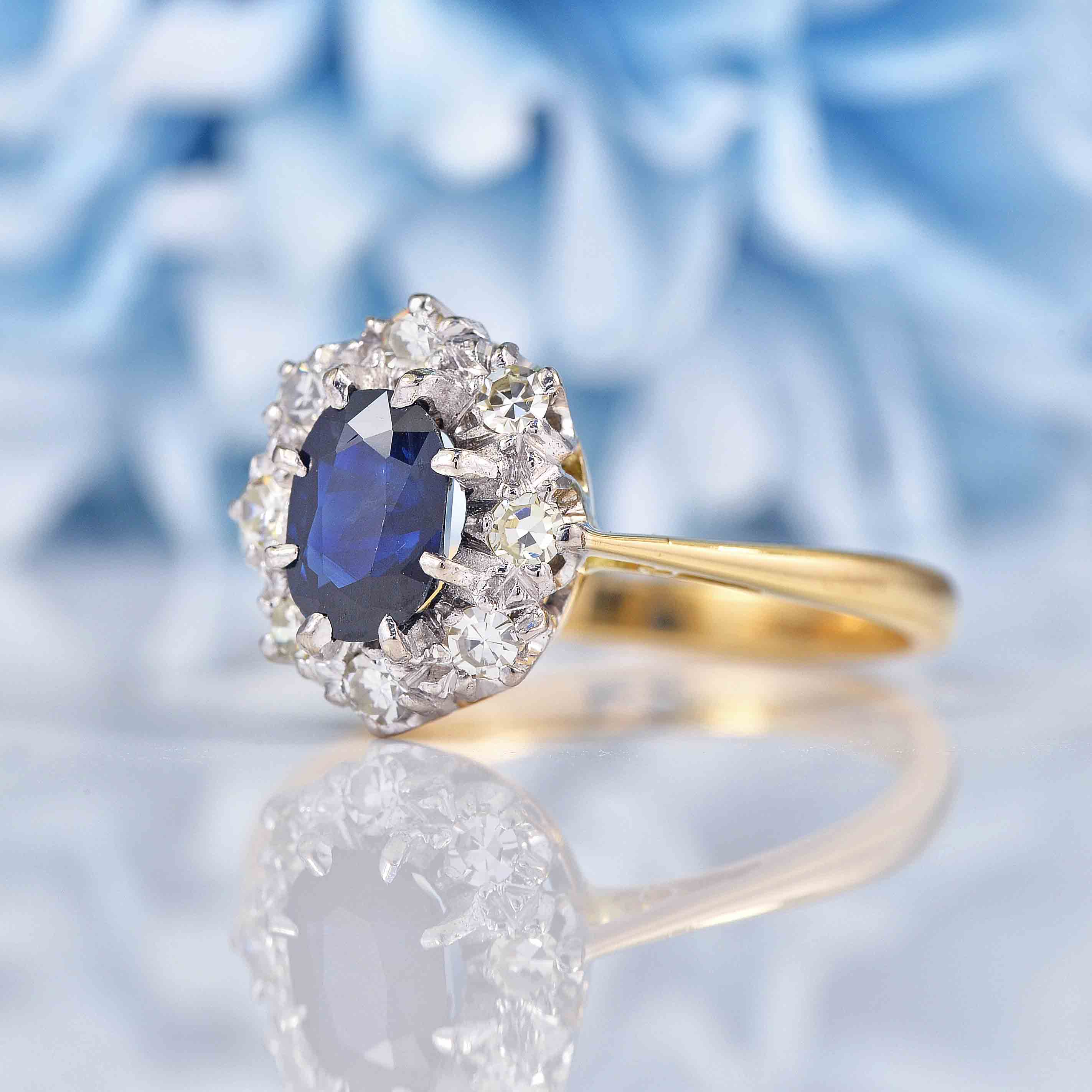 Ellibelle Jewellery Vintage Blue Sapphire & Diamond 18ct Gold Platinum Cluster Ring