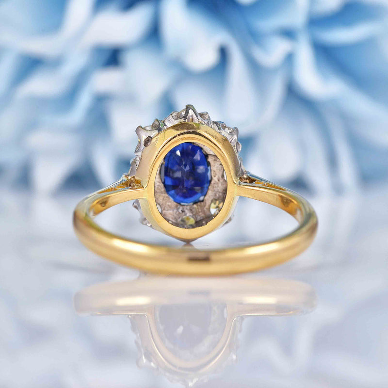 Ellibelle Jewellery Vintage Blue Sapphire & Diamond 18ct Gold Platinum Cluster Ring