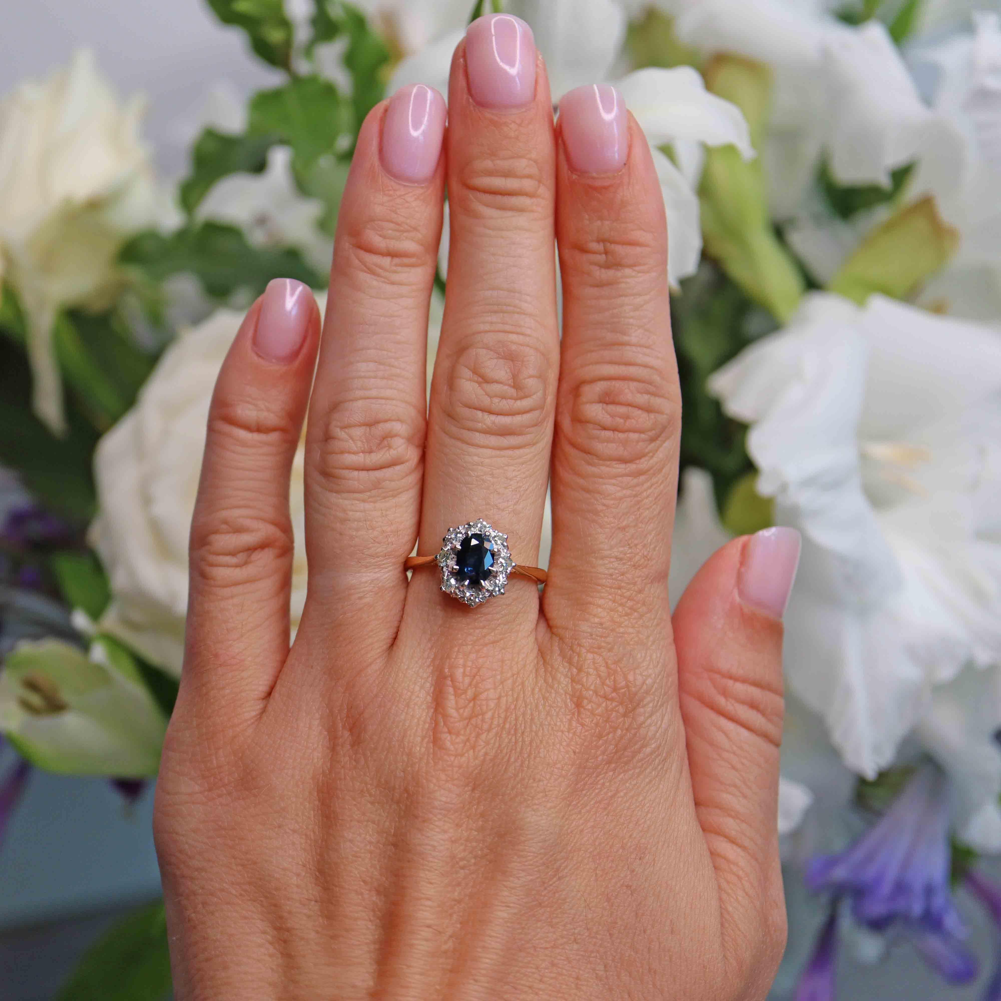 Ellibelle Jewellery Vintage Blue Sapphire & Diamond 18ct Gold Platinum Cluster Ring