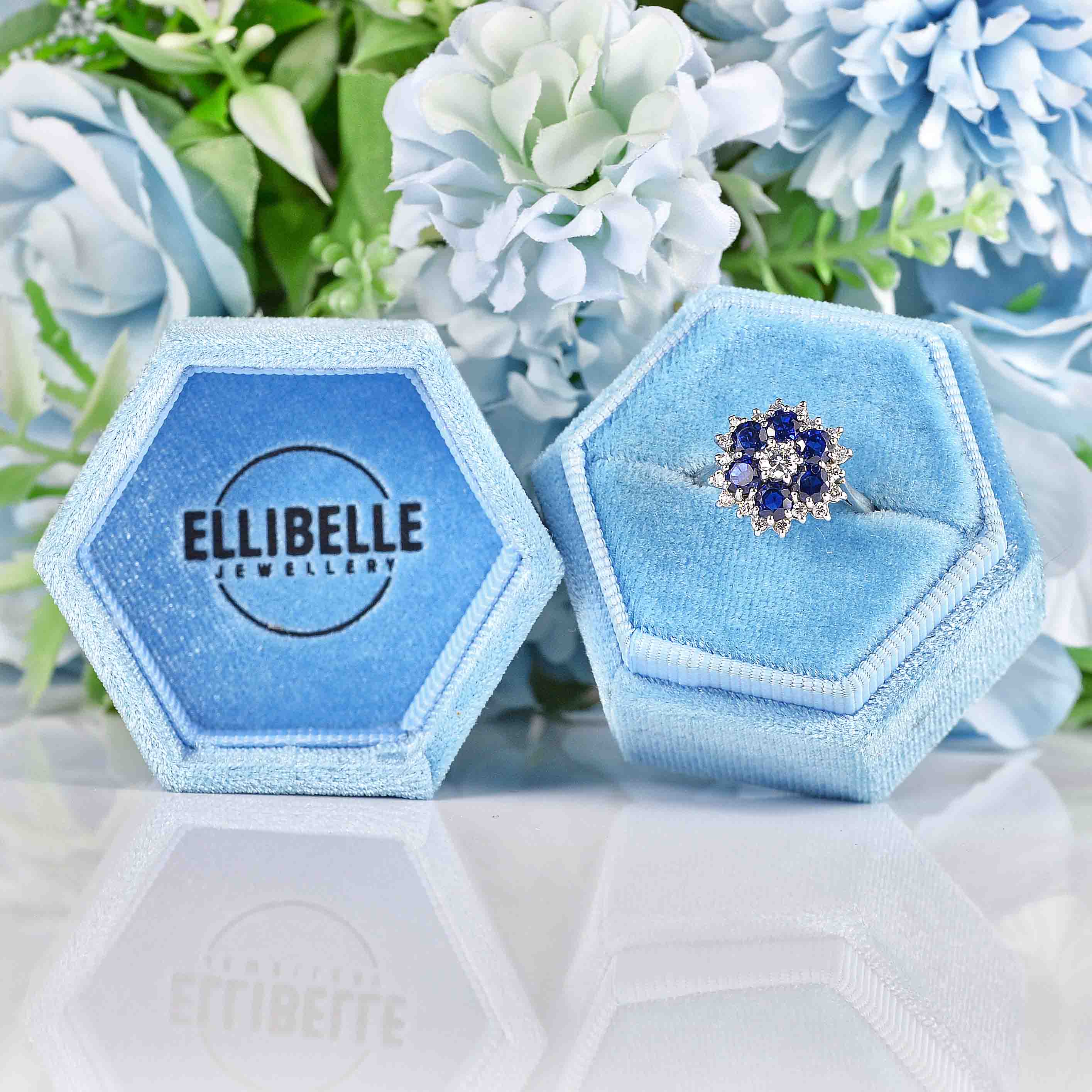 Ellibelle Jewellery Vintage Blue Sapphire & Diamond White Gold Cluster Ring