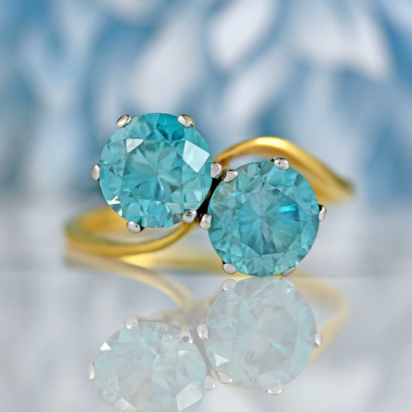 Ellibelle Jewellery Vintage Blue Zircon 18ct Gold Two-Stone Crossover Ring