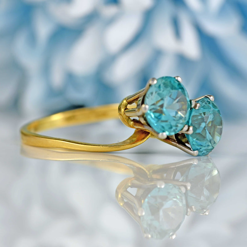 Ellibelle Jewellery Vintage Blue Zircon 18ct Gold Two-Stone Crossover Ring