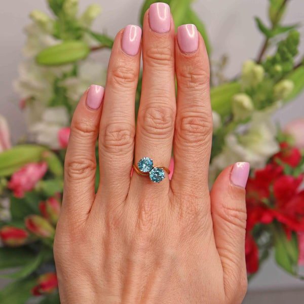 Ellibelle Jewellery Vintage Blue Zircon 18ct Gold Two-Stone Crossover Ring