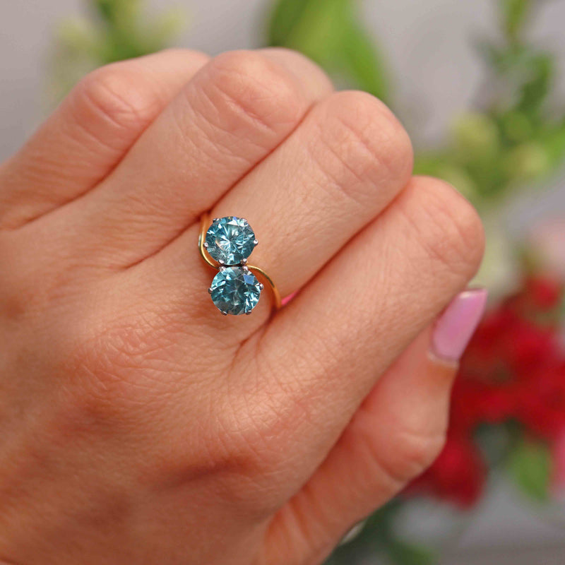 Ellibelle Jewellery Vintage Blue Zircon 18ct Gold Two-Stone Crossover Ring