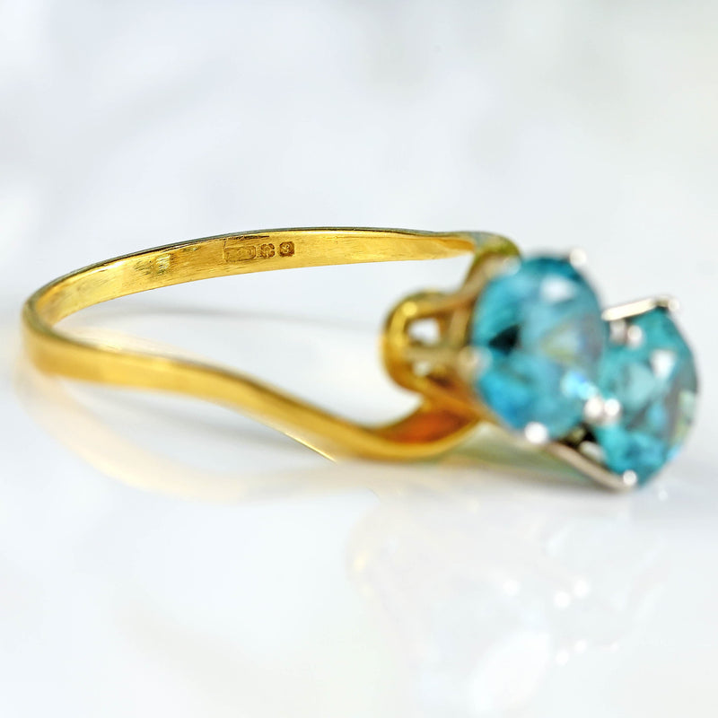 Ellibelle Jewellery Vintage Blue Zircon 18ct Gold Two-Stone Crossover Ring