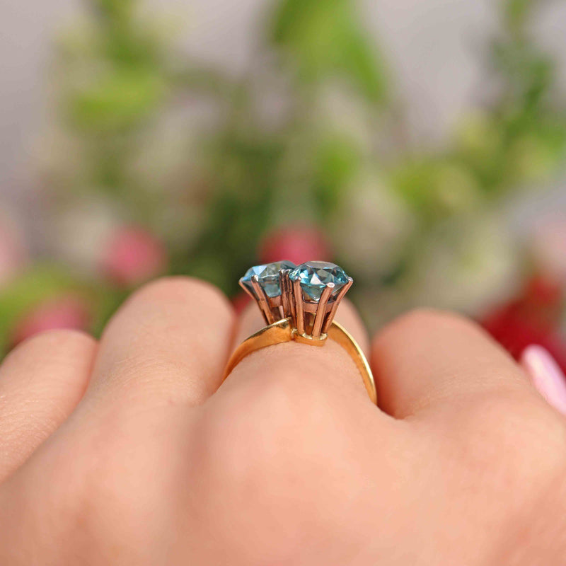 Ellibelle Jewellery Vintage Blue Zircon 18ct Gold Two-Stone Crossover Ring