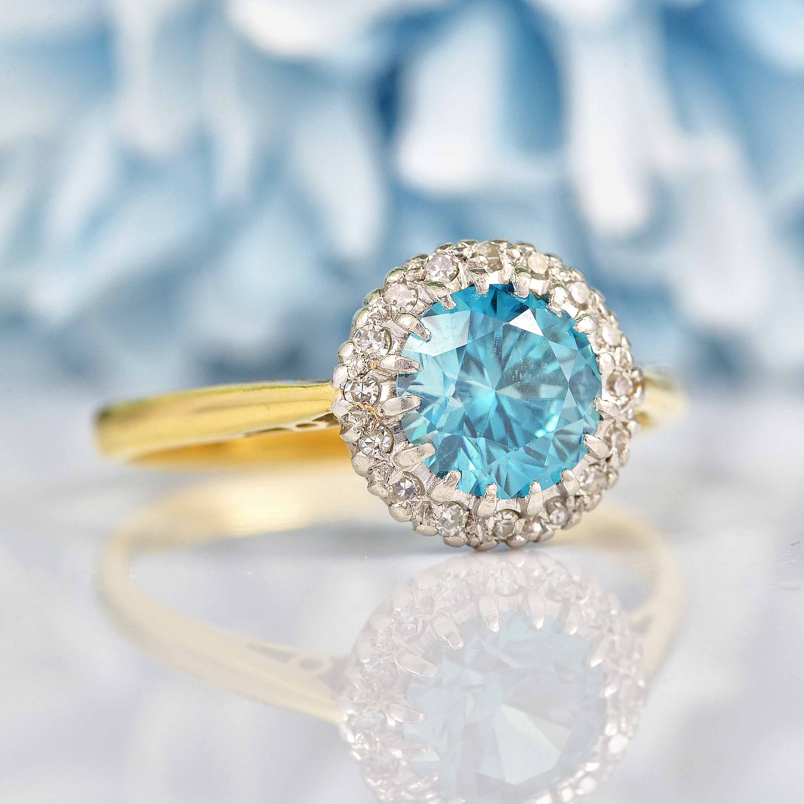 Ellibelle Jewellery Vintage Blue Zircon & Diamond 18ct Gold Cluster Ring