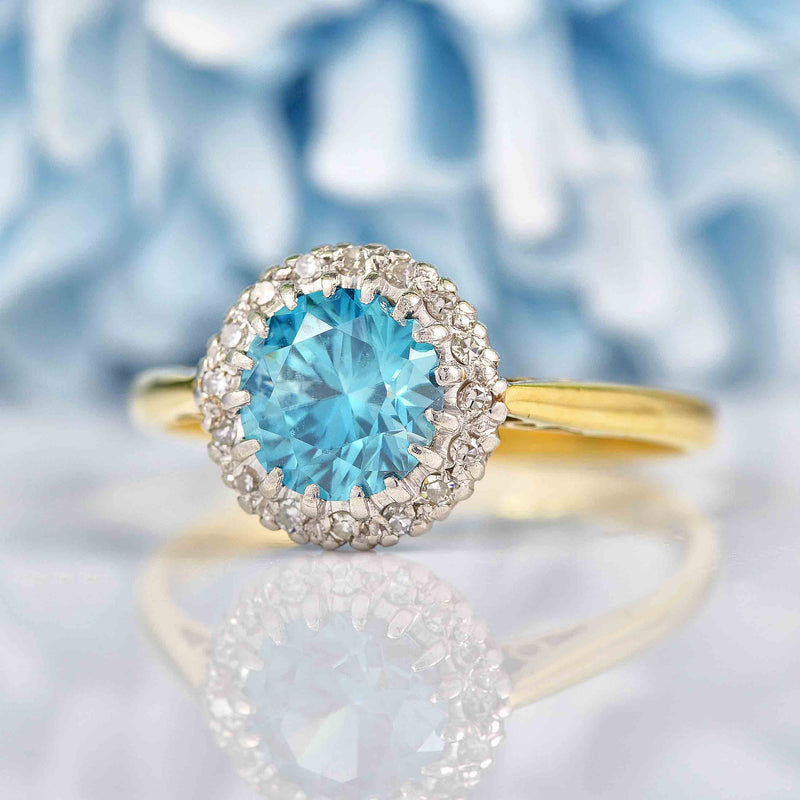 Ellibelle Jewellery Vintage Blue Zircon & Diamond 18ct Gold Cluster Ring