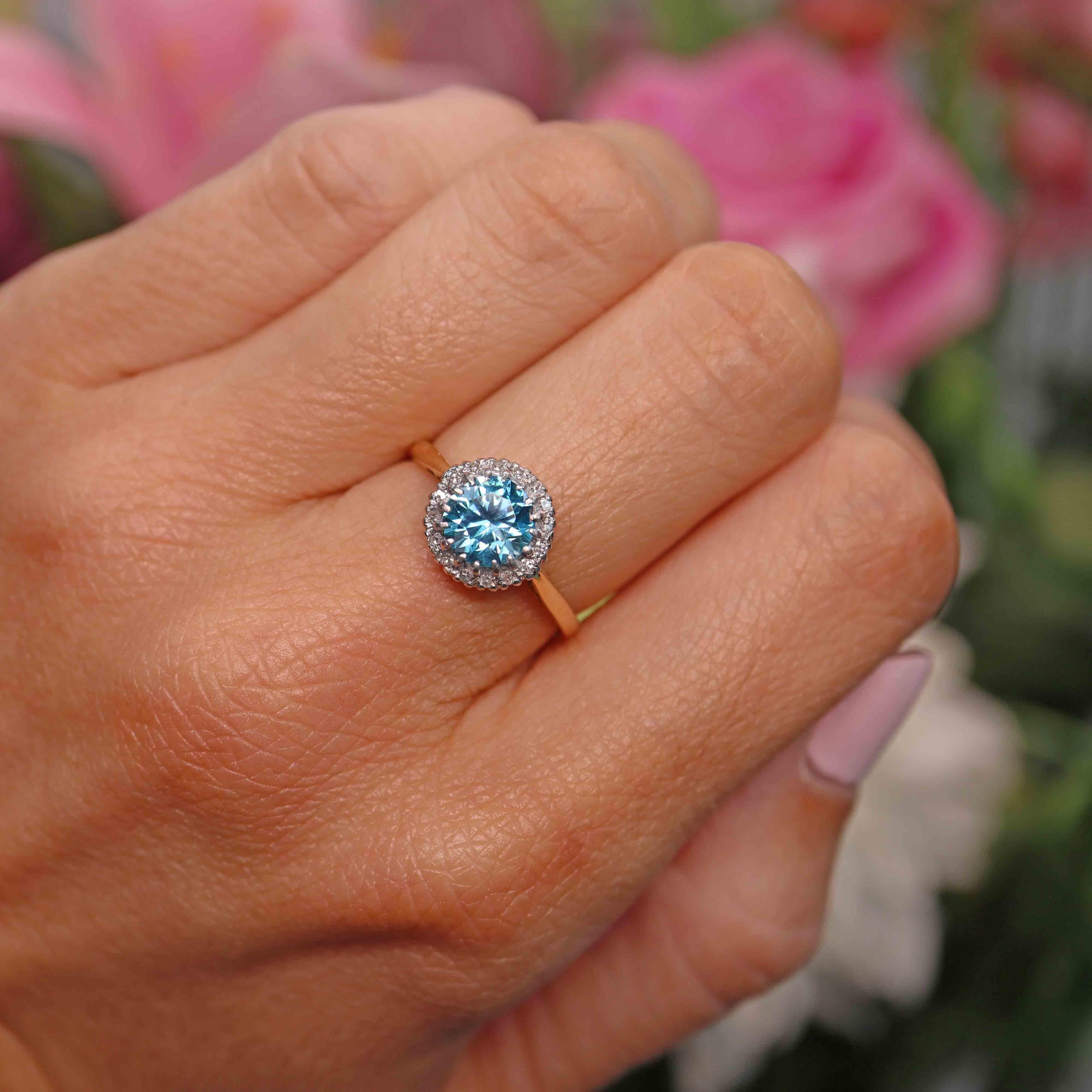 Ellibelle Jewellery Vintage Blue Zircon & Diamond 18ct Gold Cluster Ring