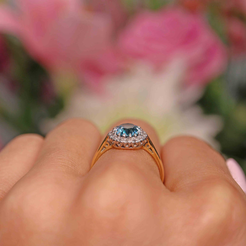 Ellibelle Jewellery Vintage Blue Zircon & Diamond 18ct Gold Cluster Ring