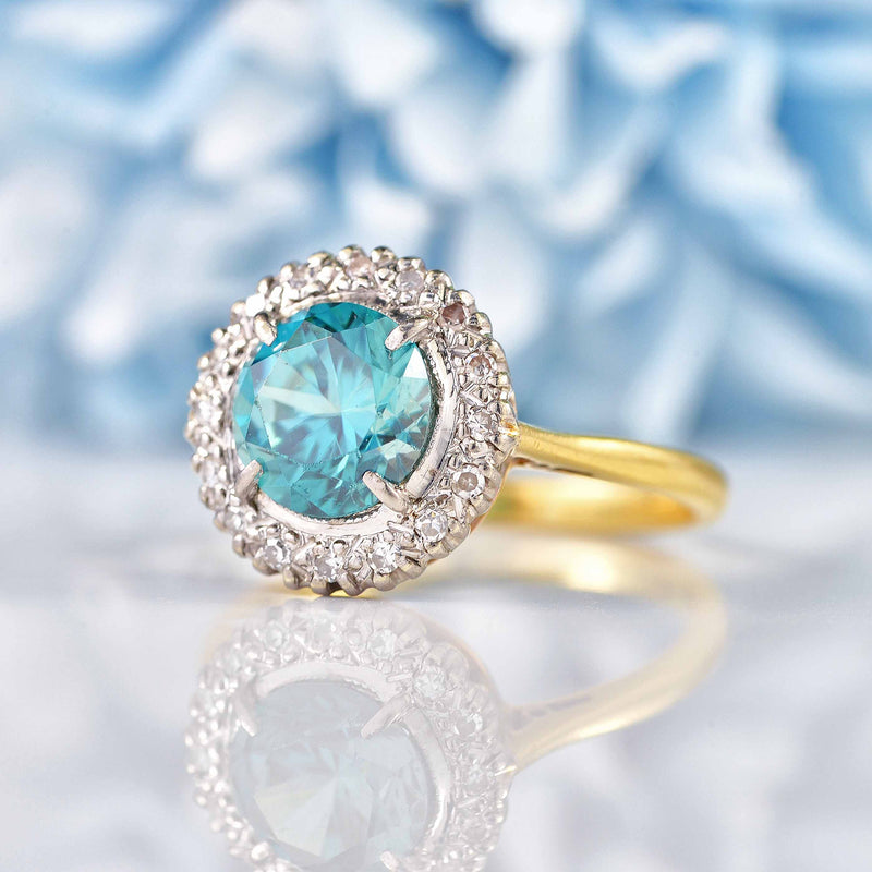 Ellibelle Jewellery Vintage Blue Zircon & Diamond 18ct Gold Halo Ring