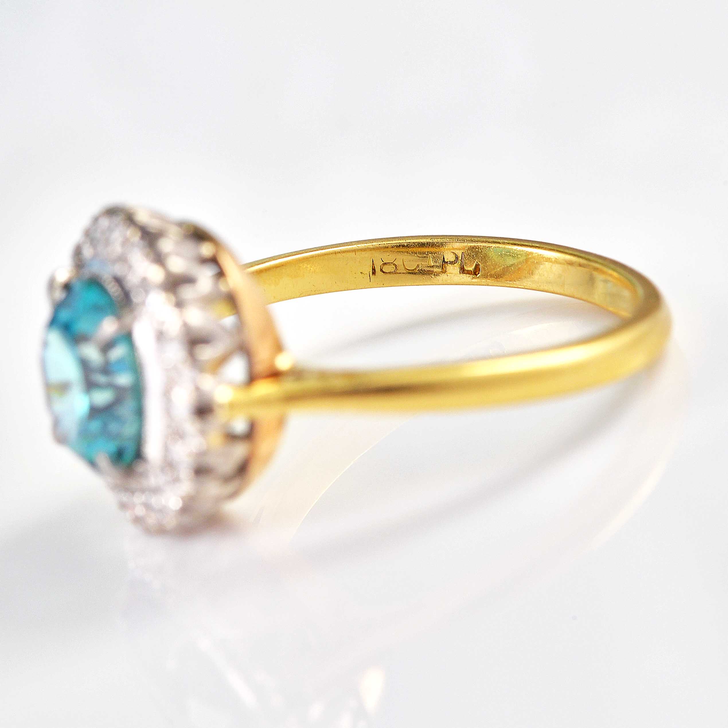 Ellibelle Jewellery Vintage Blue Zircon & Diamond 18ct Gold Halo Ring