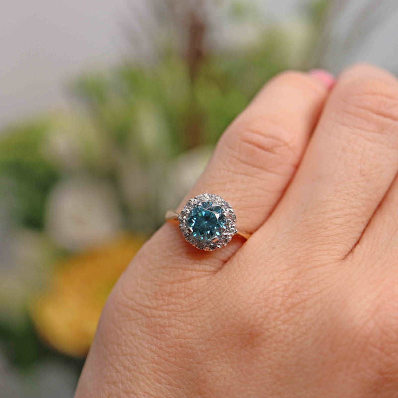 Ellibelle Jewellery Vintage Blue Zircon & Diamond 18ct Gold Platinum Cluster Ring