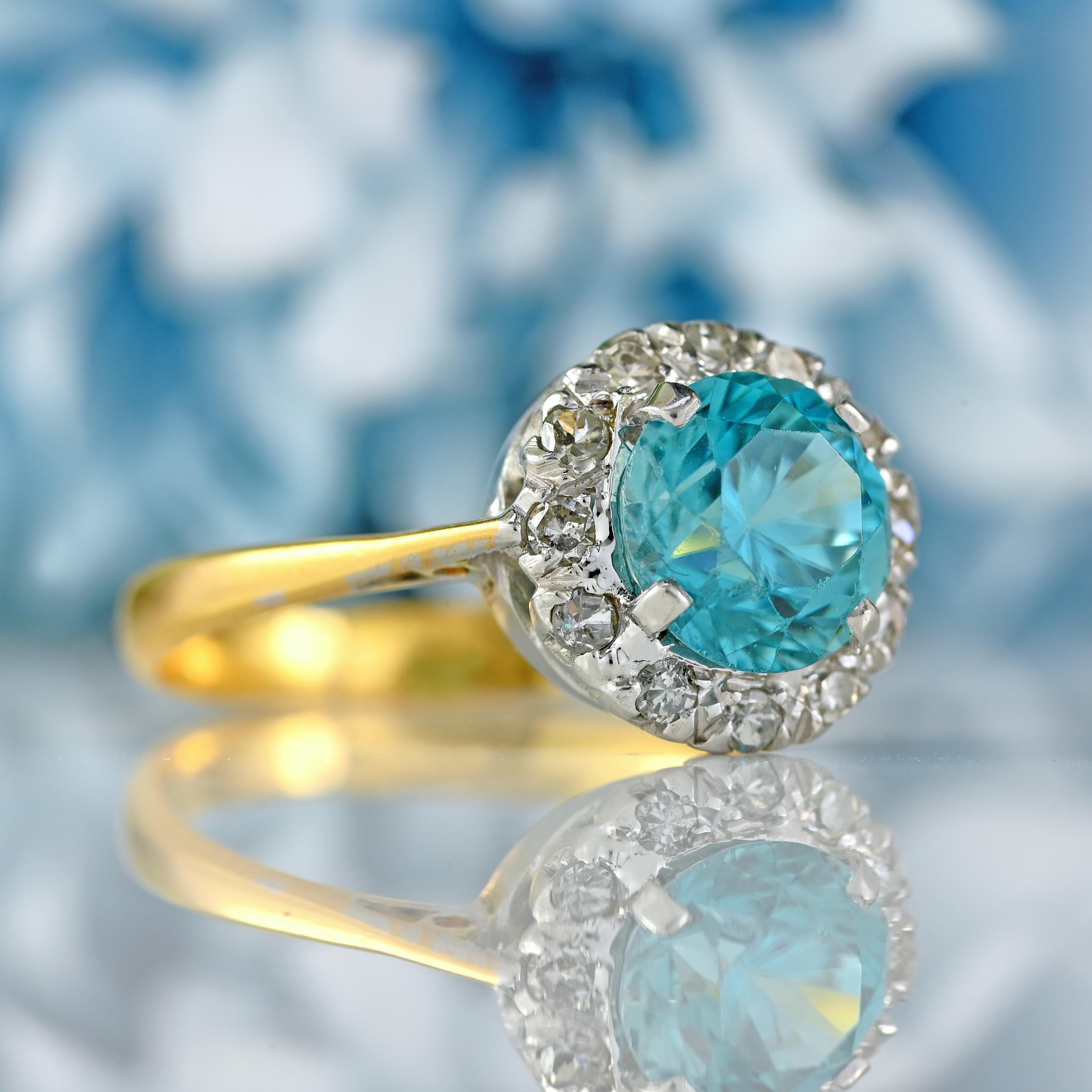 Ellibelle Jewellery Vintage Blue Zircon & Diamond 18ct Gold Platinum Cluster Ring