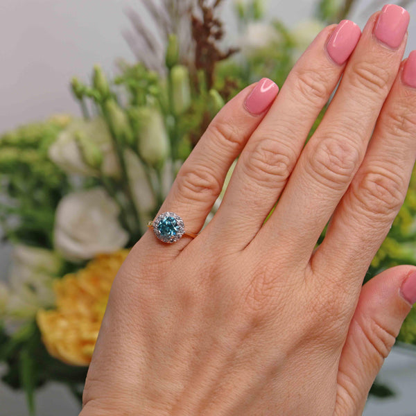 Ellibelle Jewellery Vintage Blue Zircon & Diamond 18ct Gold Platinum Cluster Ring