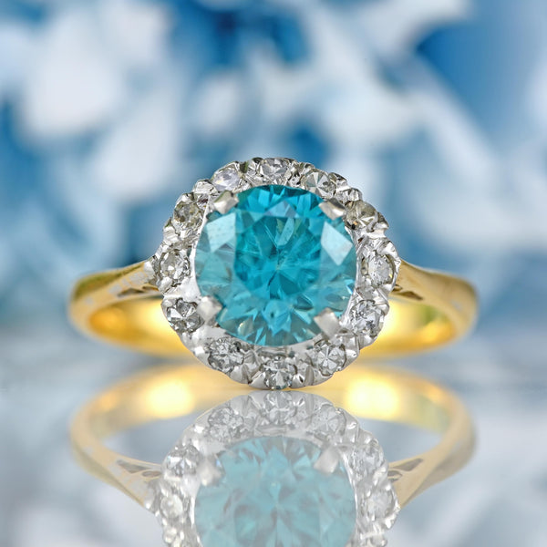 Ellibelle Jewellery Vintage Blue Zircon & Diamond 18ct Gold Platinum Cluster Ring