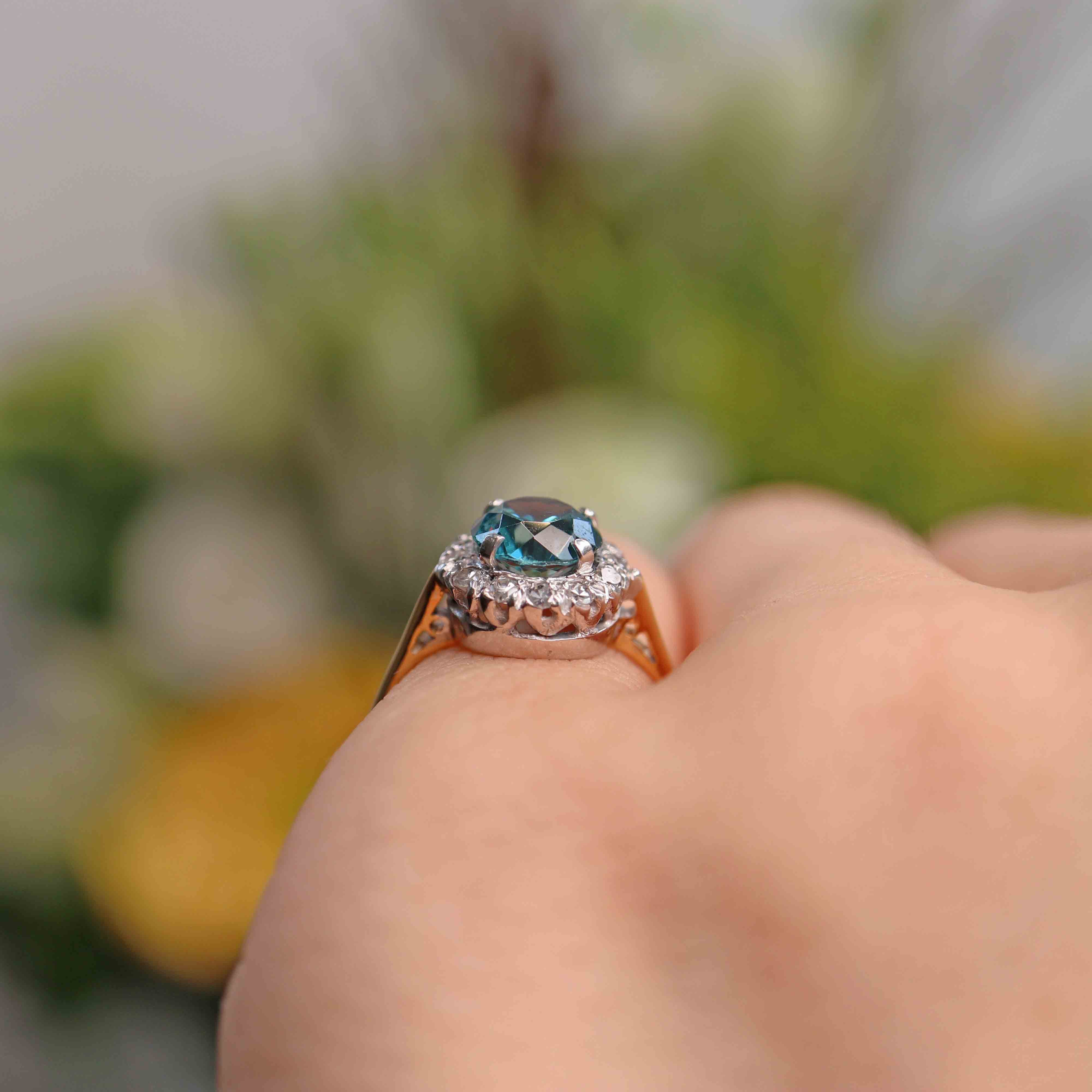 Ellibelle Jewellery Vintage Blue Zircon & Diamond 18ct Gold Platinum Cluster Ring