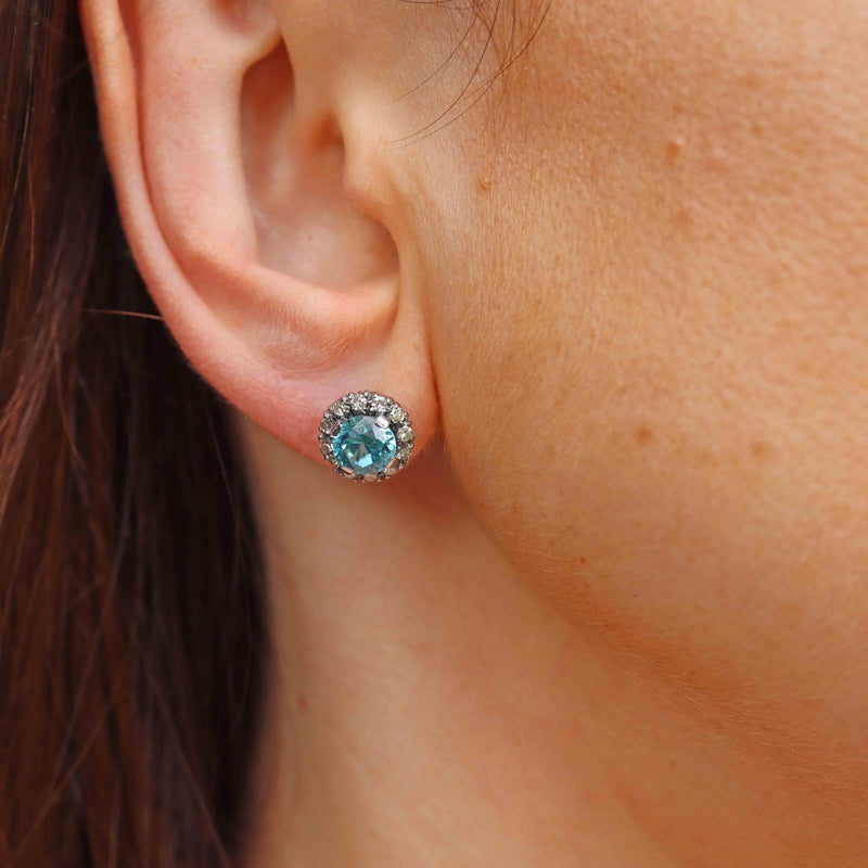 Ellibelle Jewellery Vintage Blue Zircon & Diamond White Gold Cluster Stud Earrings