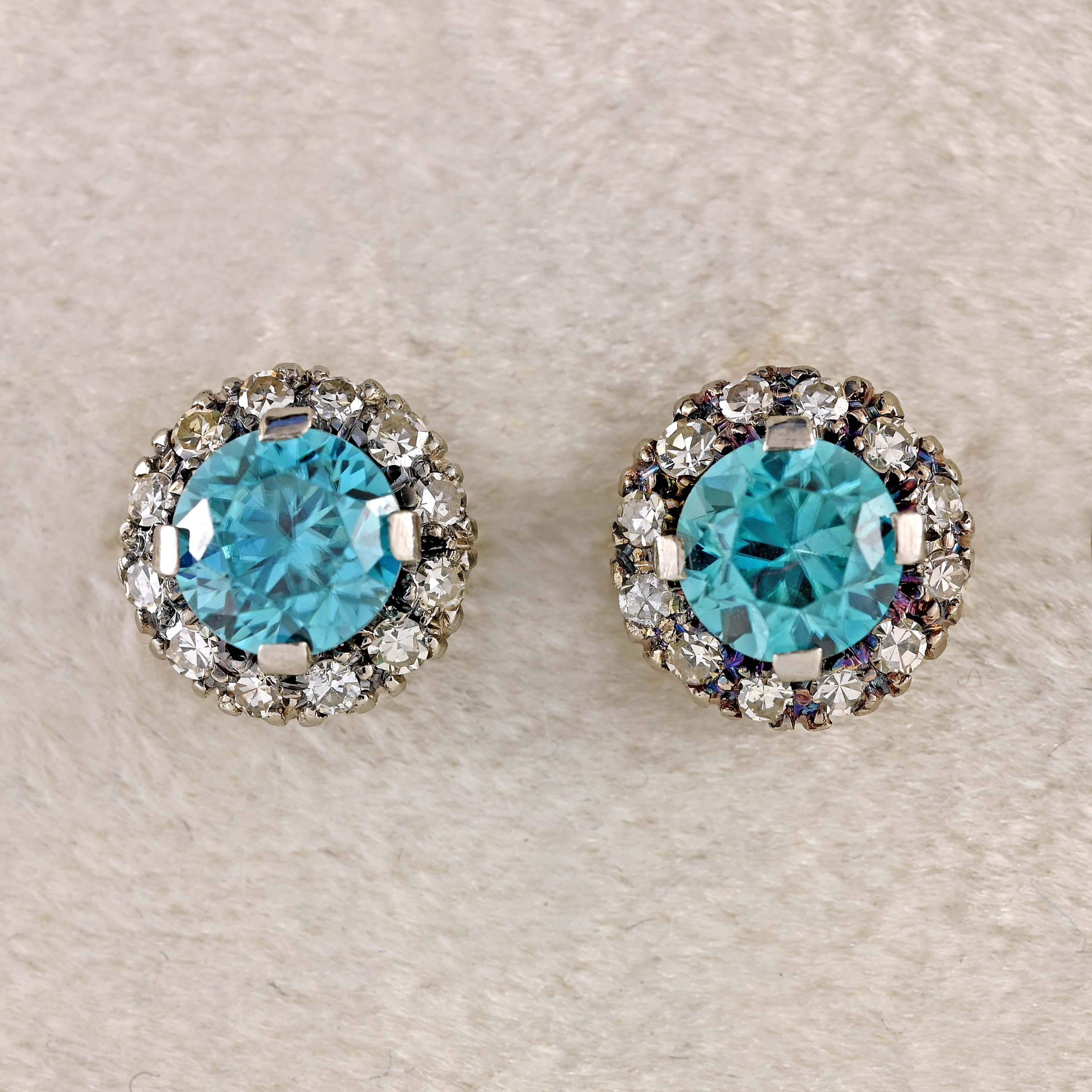 Ellibelle Jewellery Vintage Blue Zircon & Diamond White Gold Cluster Stud Earrings