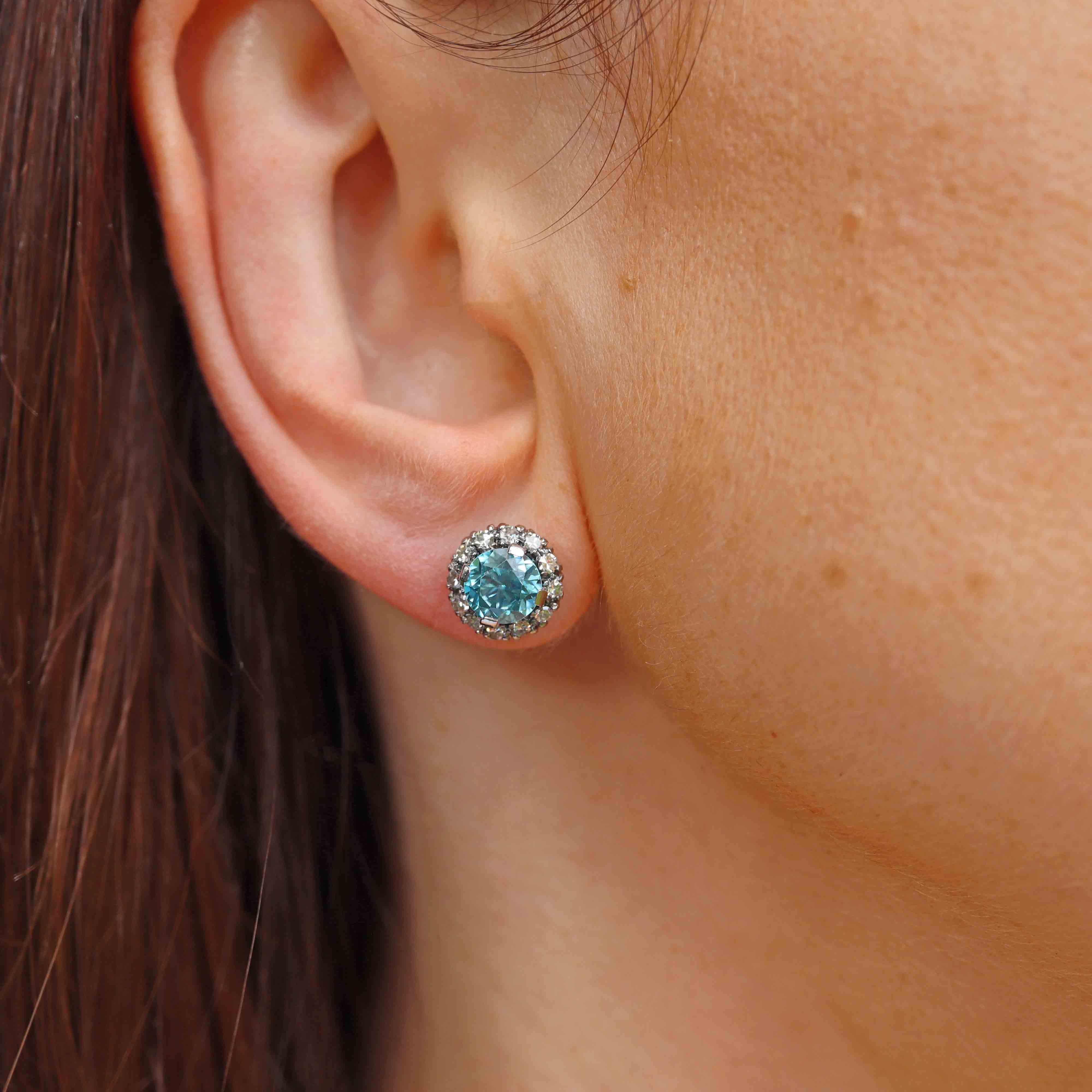 Ellibelle Jewellery Vintage Blue Zircon & Diamond White Gold Cluster Stud Earrings