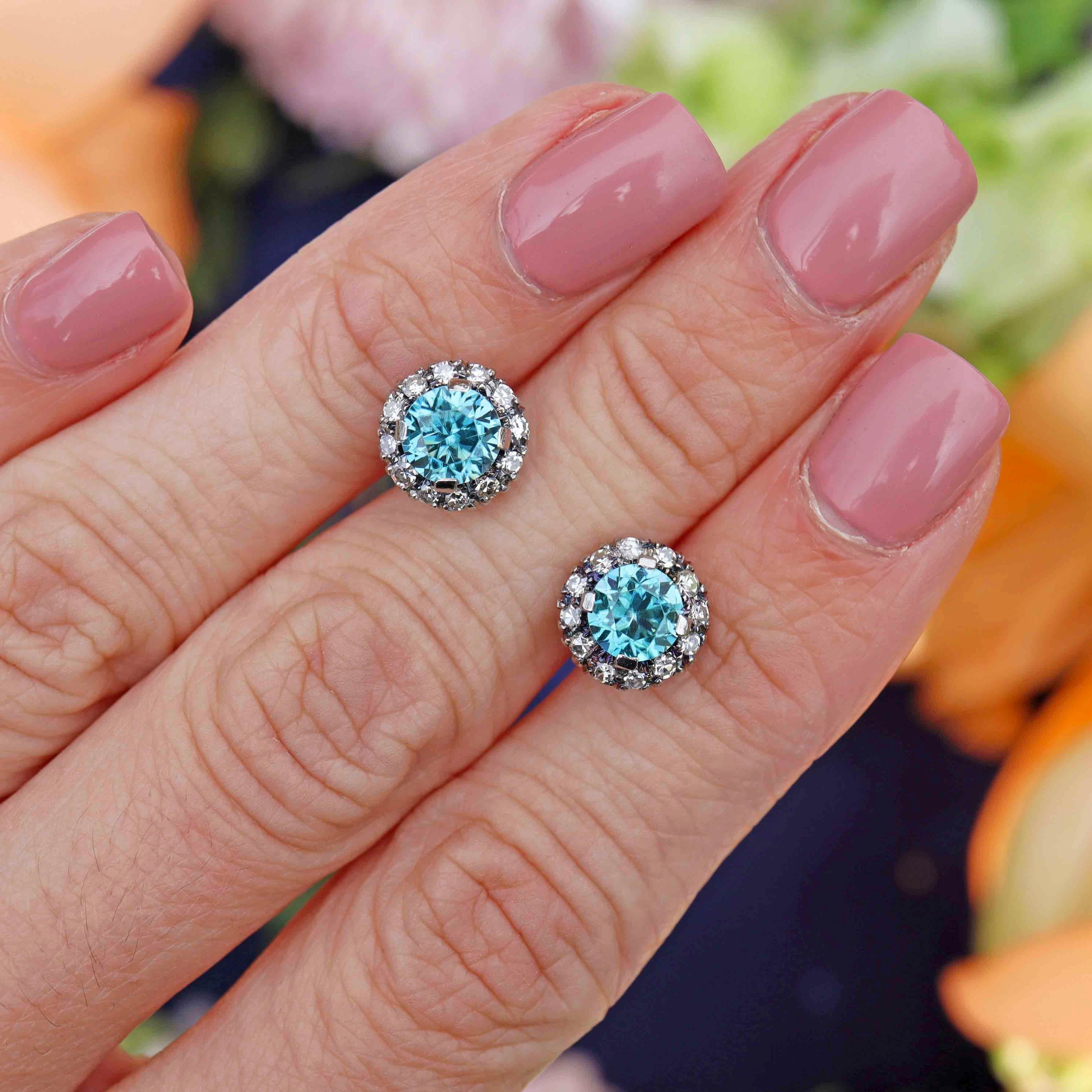 Ellibelle Jewellery Vintage Blue Zircon & Diamond White Gold Cluster Stud Earrings