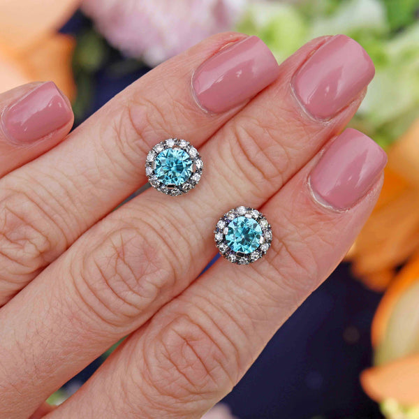 Ellibelle Jewellery Vintage Blue Zircon & Diamond White Gold Cluster Stud Earrings