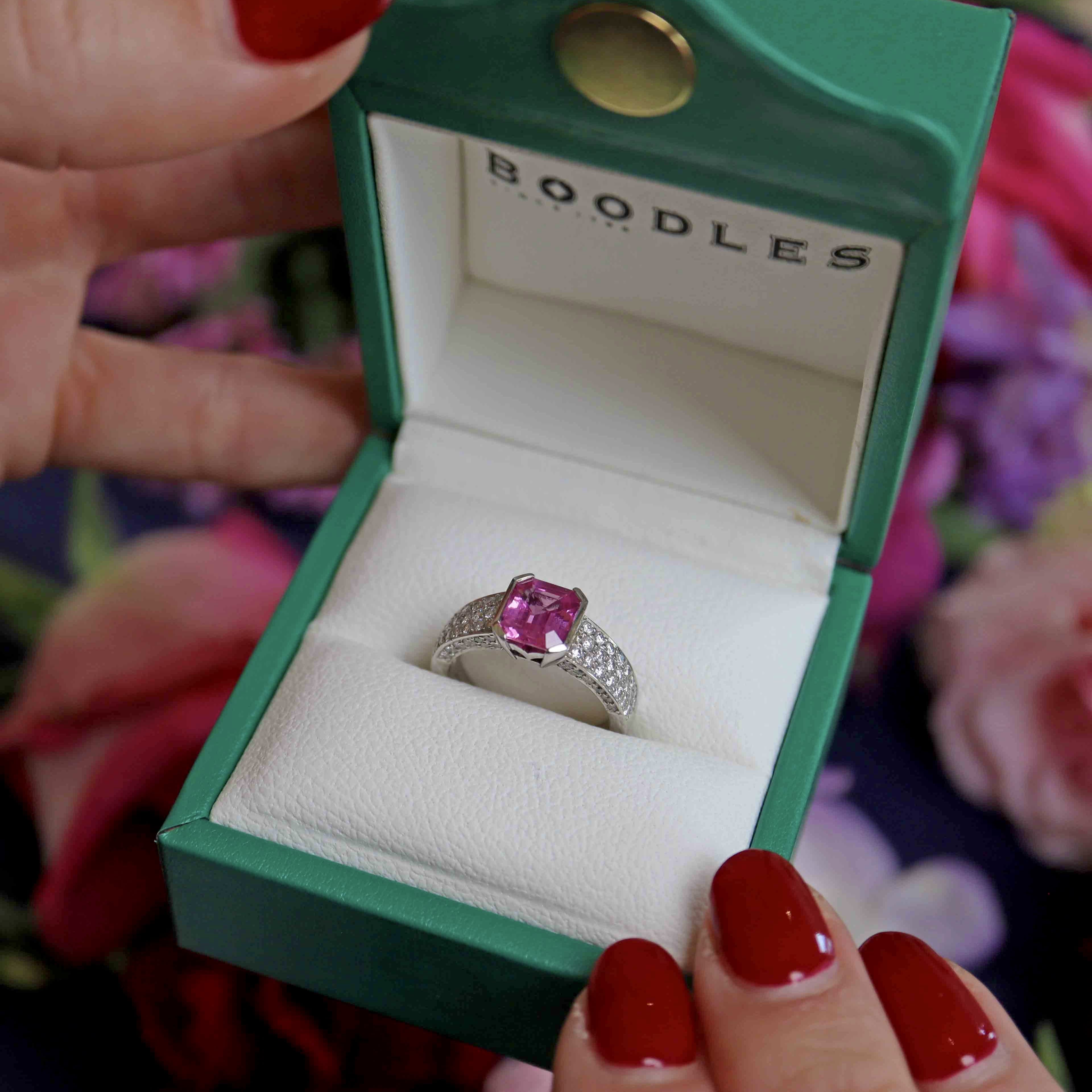 Ellibelle Jewellery Vintage Boodles Pink Sapphire & Diamond Platinum Engagement Ring