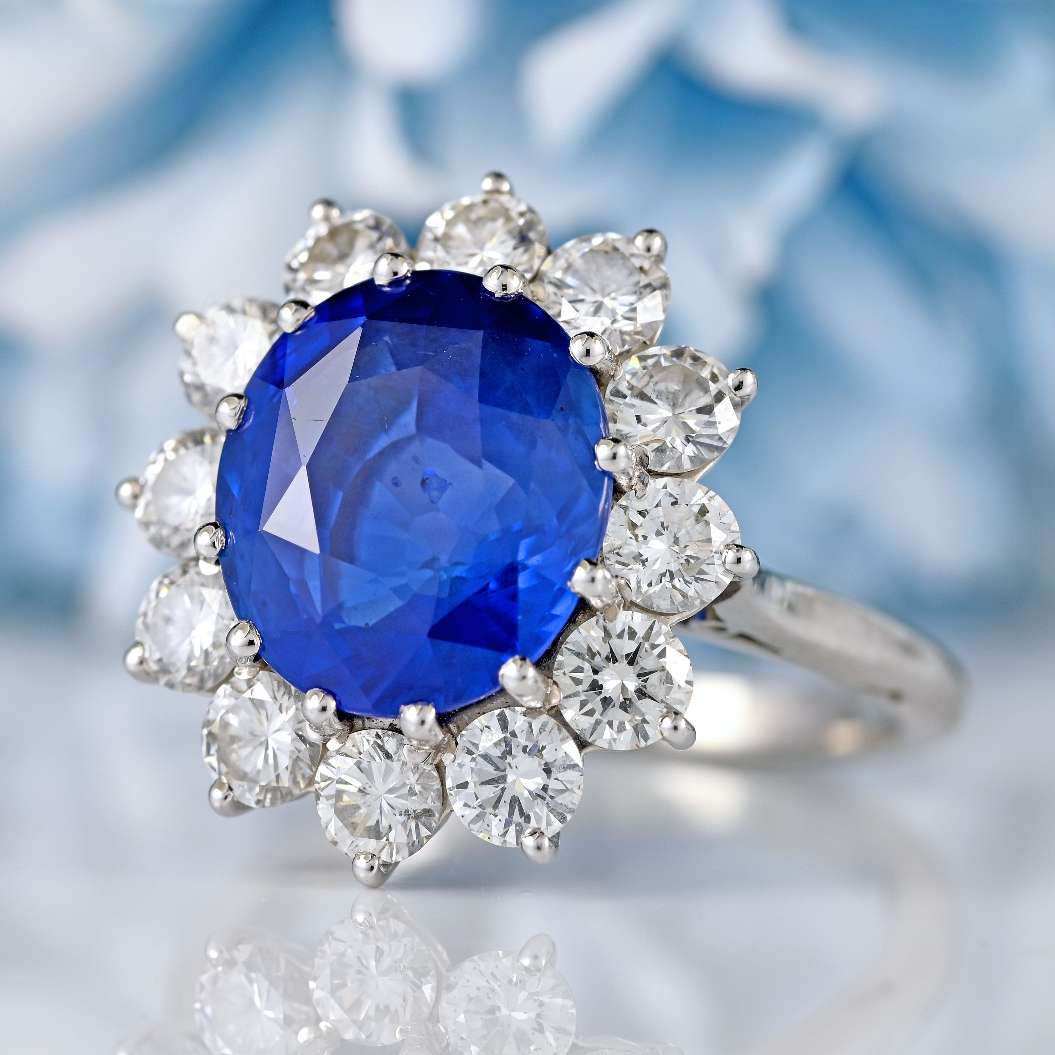 Ellibelle Jewellery Vintage Boodles Unheated 6.43 Carat Sapphire & Diamond Platinum Cluster Ring