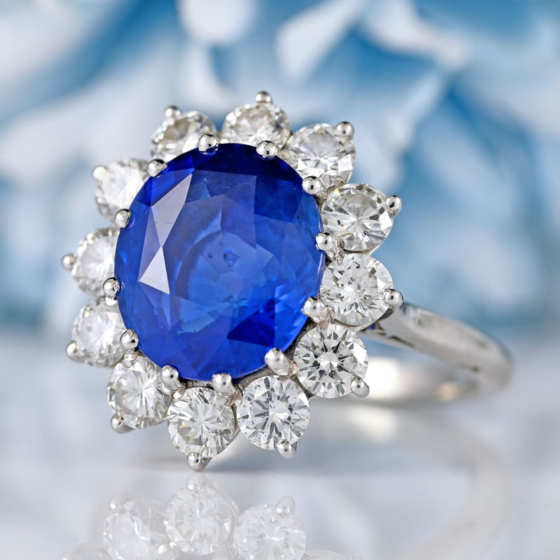 Ellibelle Jewellery Vintage Boodles Unheated 6.43 Carat Sapphire & Diamond Platinum Cluster Ring