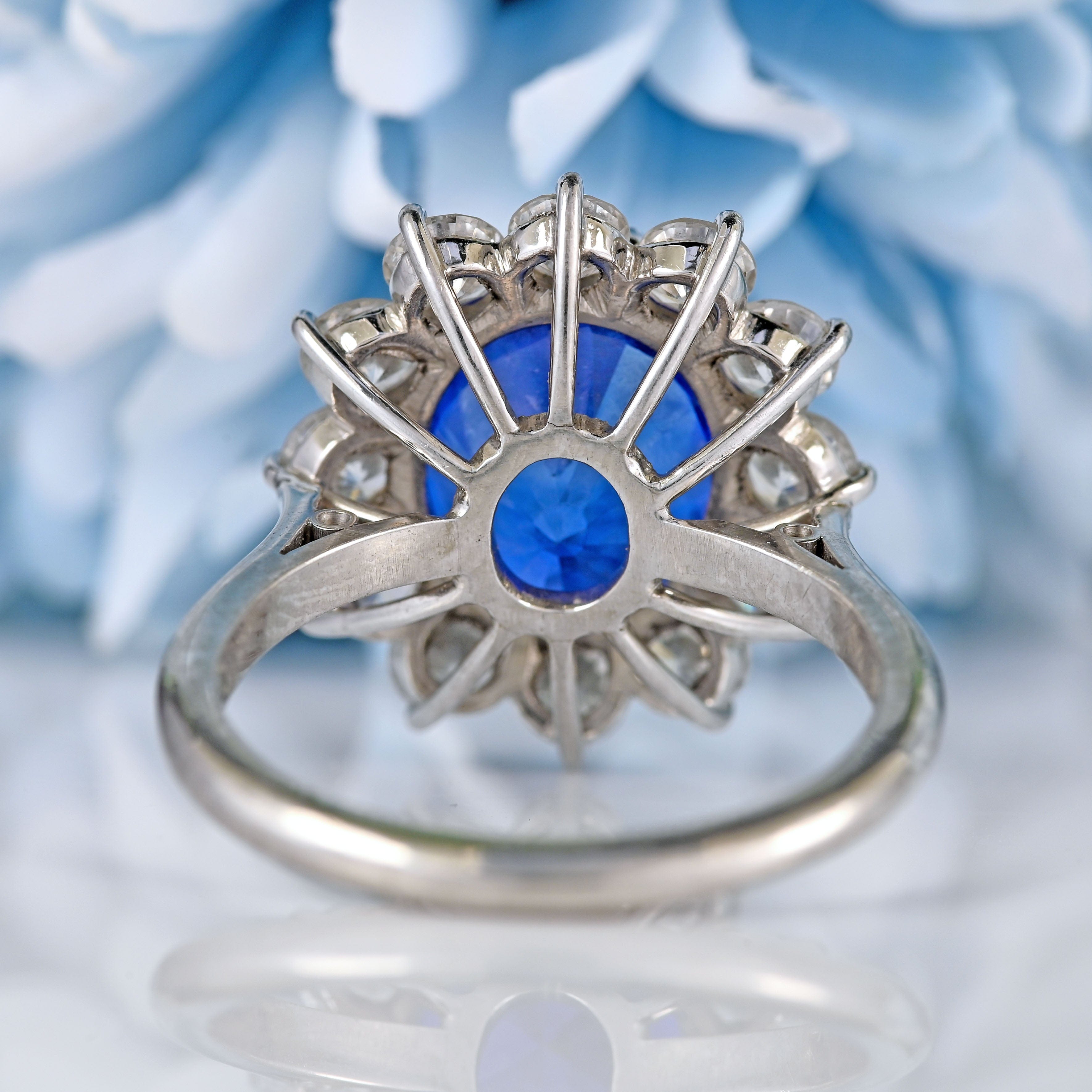 Ellibelle Jewellery Vintage Boodles Unheated 6.43 Carat Sapphire & Diamond Platinum Cluster Ring