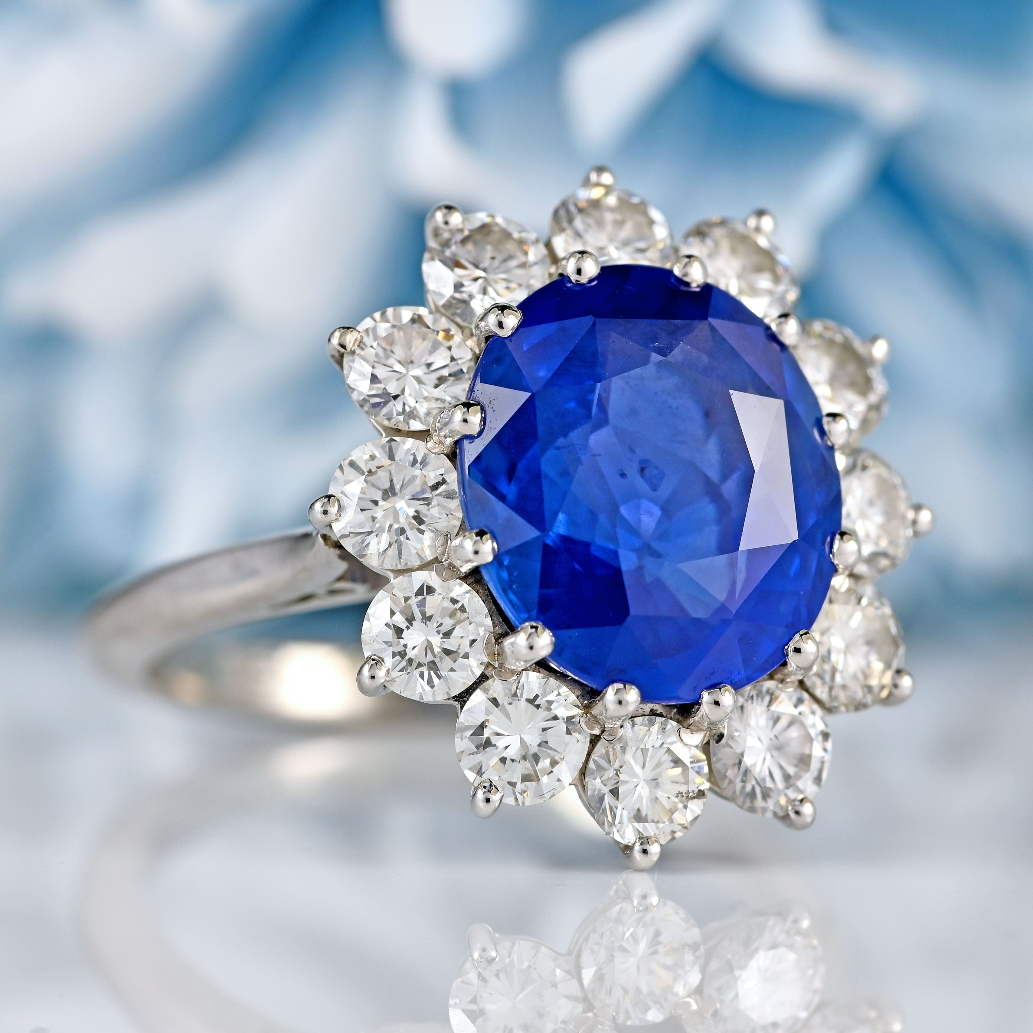 Ellibelle Jewellery Vintage Boodles Unheated 6.43 Carat Sapphire & Diamond Platinum Cluster Ring