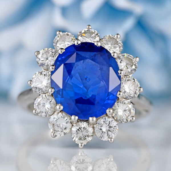 Ellibelle Jewellery Vintage Boodles Unheated 6.43 Carat Sapphire & Diamond Platinum Cluster Ring