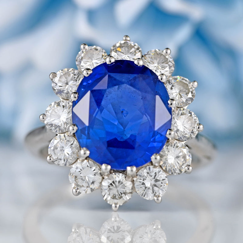 Ellibelle Jewellery Vintage Boodles Unheated 6.43 Carat Sapphire & Diamond Platinum Cluster Ring