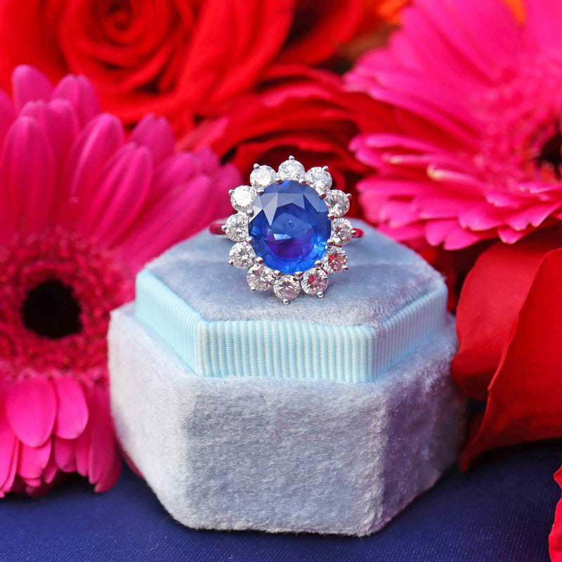 Ellibelle Jewellery Vintage Boodles Unheated 6.43 Carat Sapphire & Diamond Platinum Cluster Ring