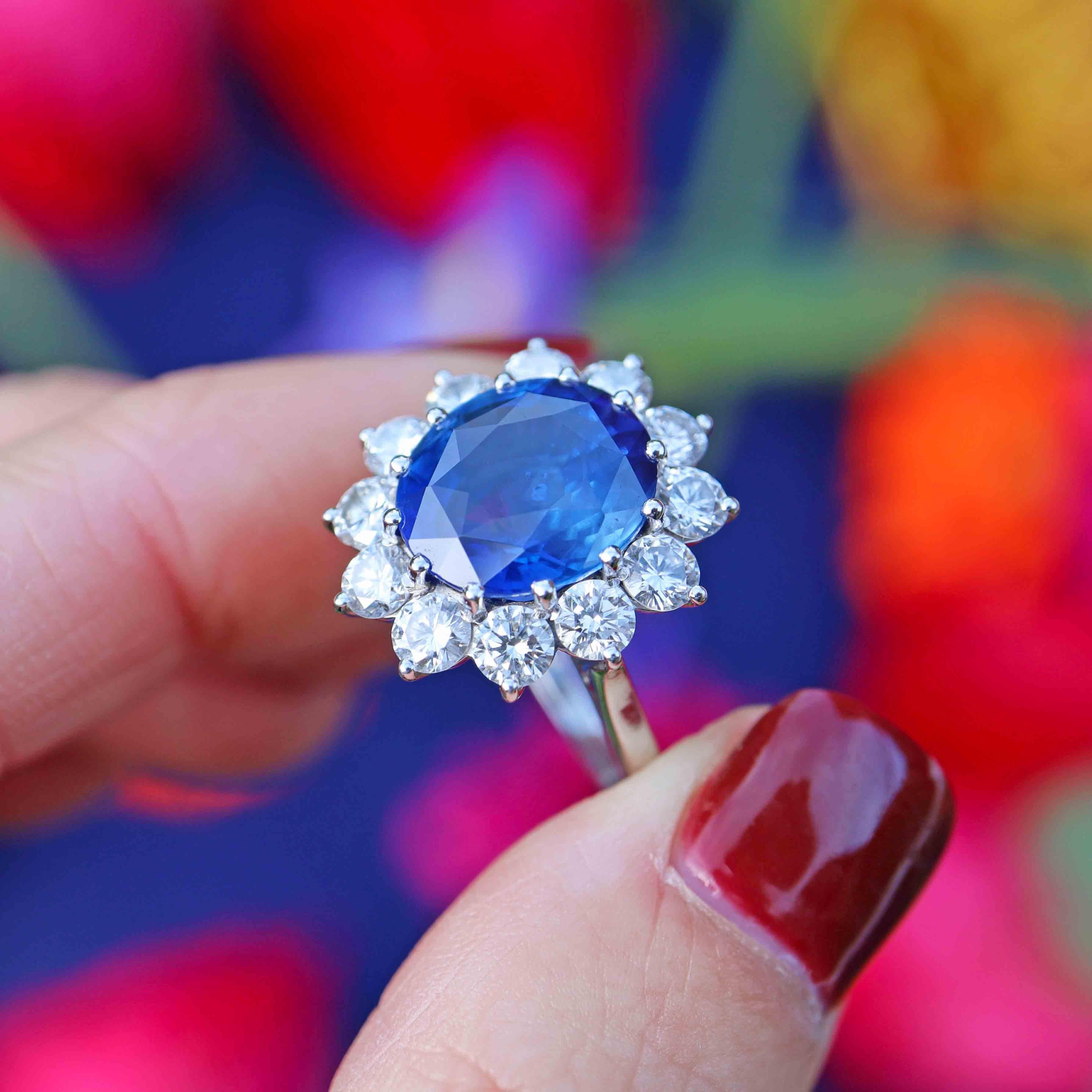 Ellibelle Jewellery Vintage Boodles Unheated 6.43 Carat Sapphire & Diamond Platinum Cluster Ring