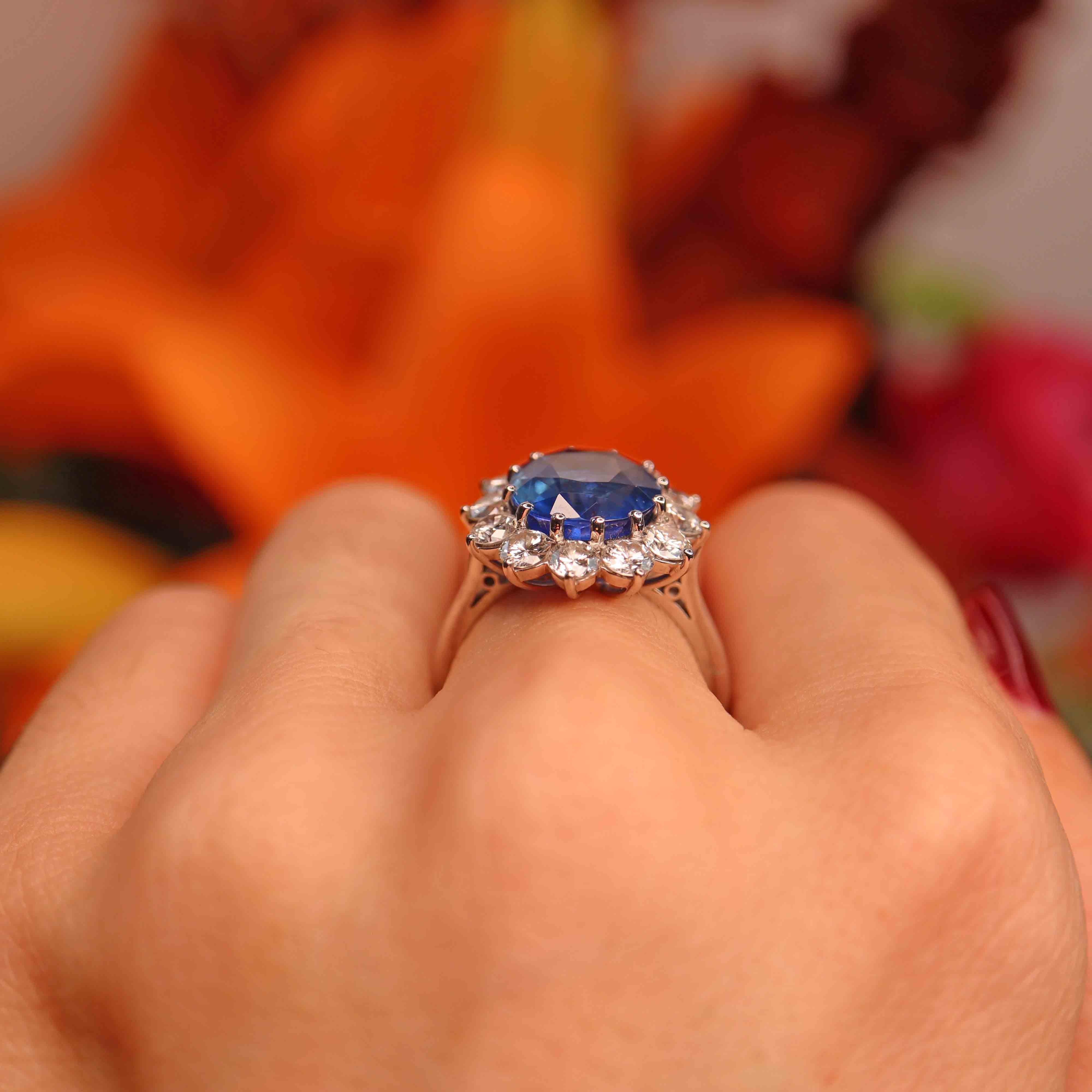 Ellibelle Jewellery Vintage Boodles Unheated 6.43 Carat Sapphire & Diamond Platinum Cluster Ring