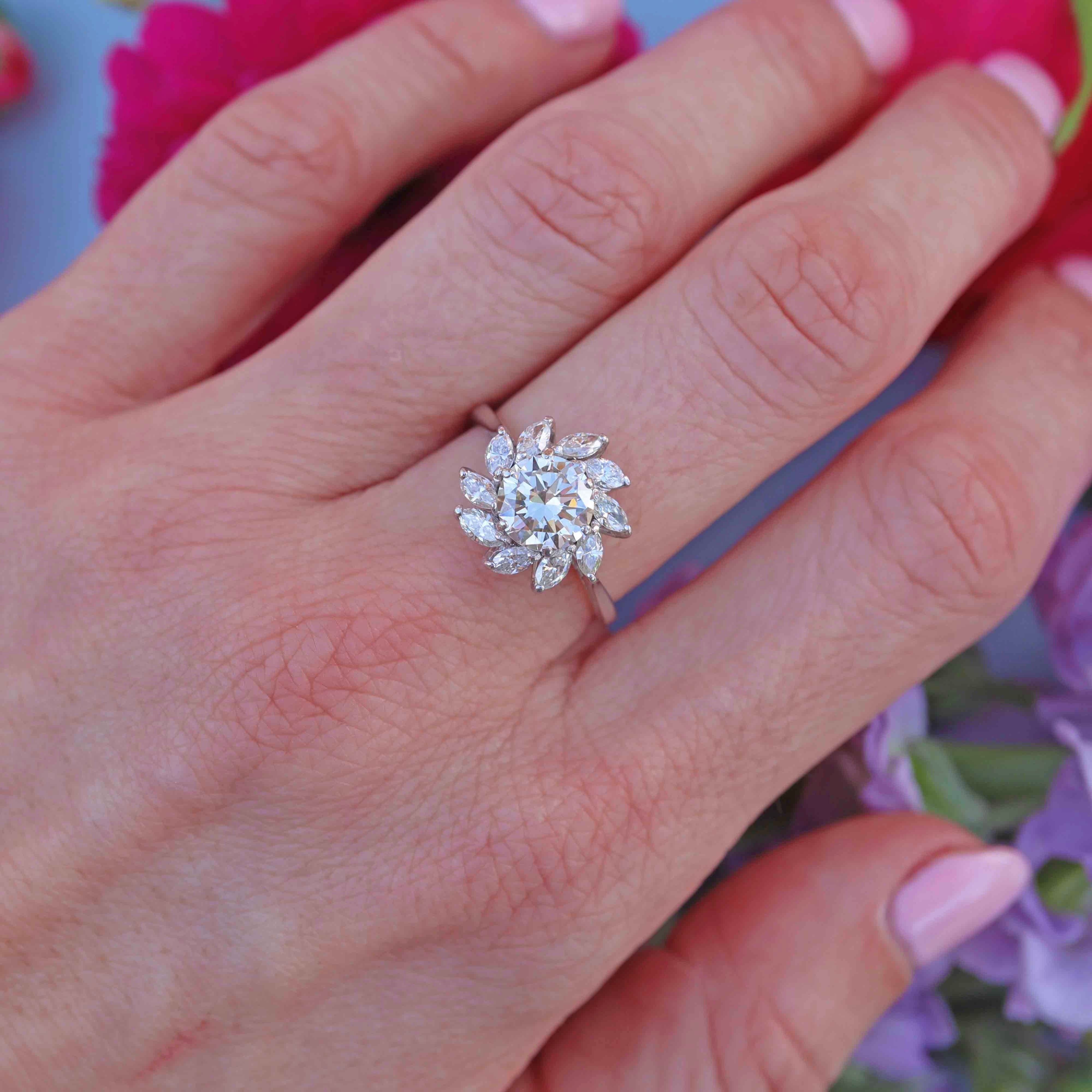 Ellibelle Jewellery Vintage Brilliant & Marquise-Cut Diamond Platinum Cluster Engagement Ring (2.10cts)