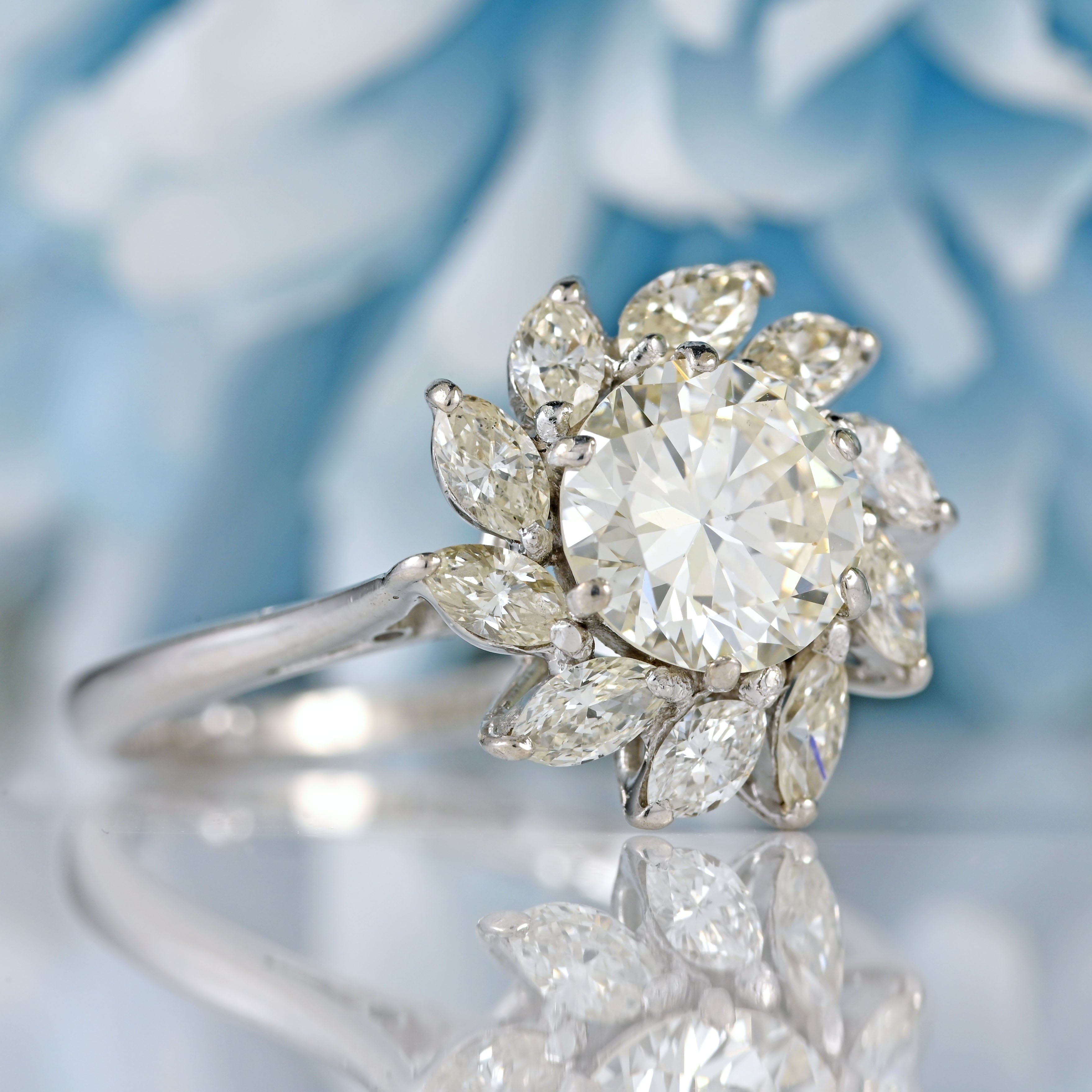 Ellibelle Jewellery Vintage Brilliant & Marquise-Cut Diamond Platinum Cluster Engagement Ring (2.10cts)