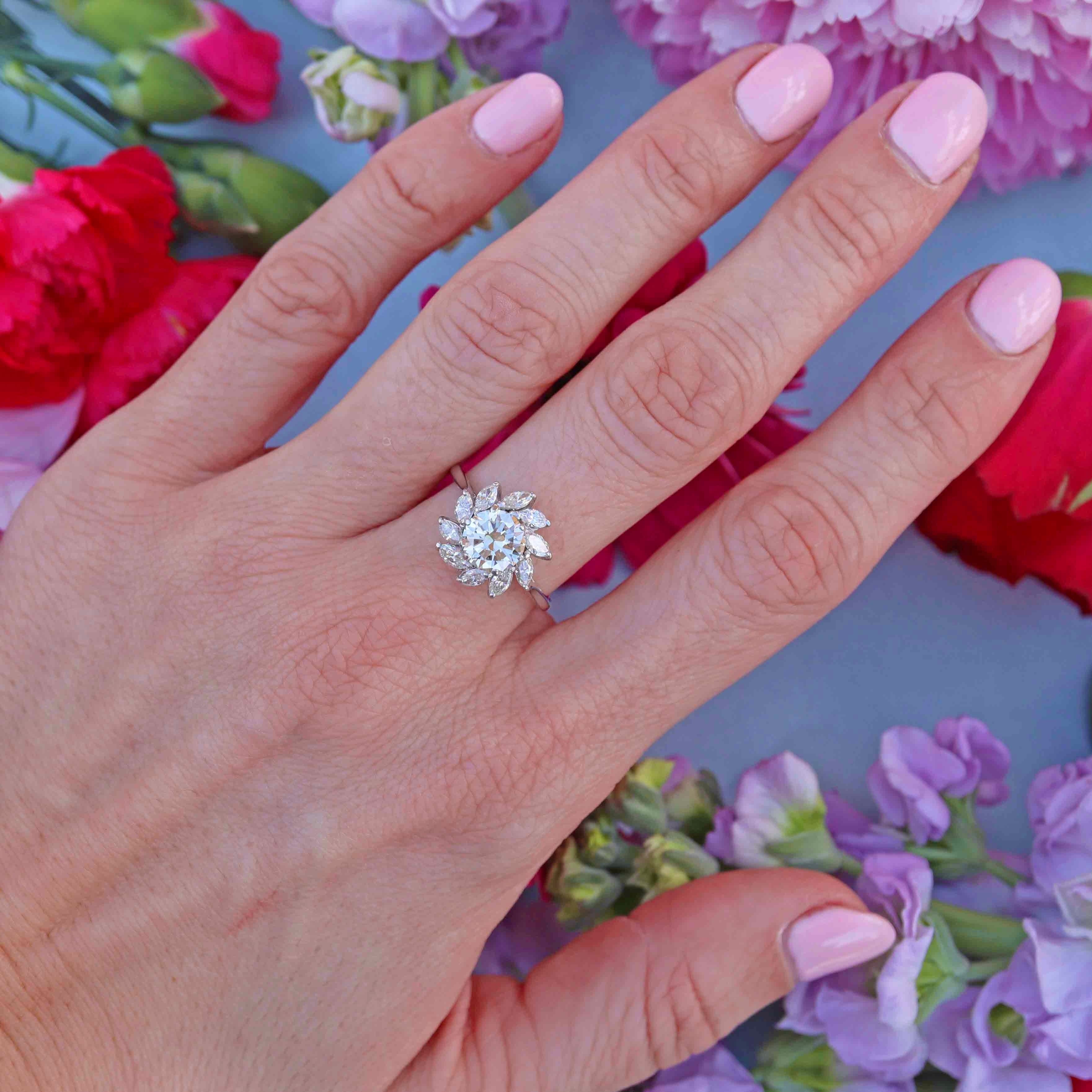 Ellibelle Jewellery Vintage Brilliant & Marquise-Cut Diamond Platinum Cluster Engagement Ring (2.10cts)