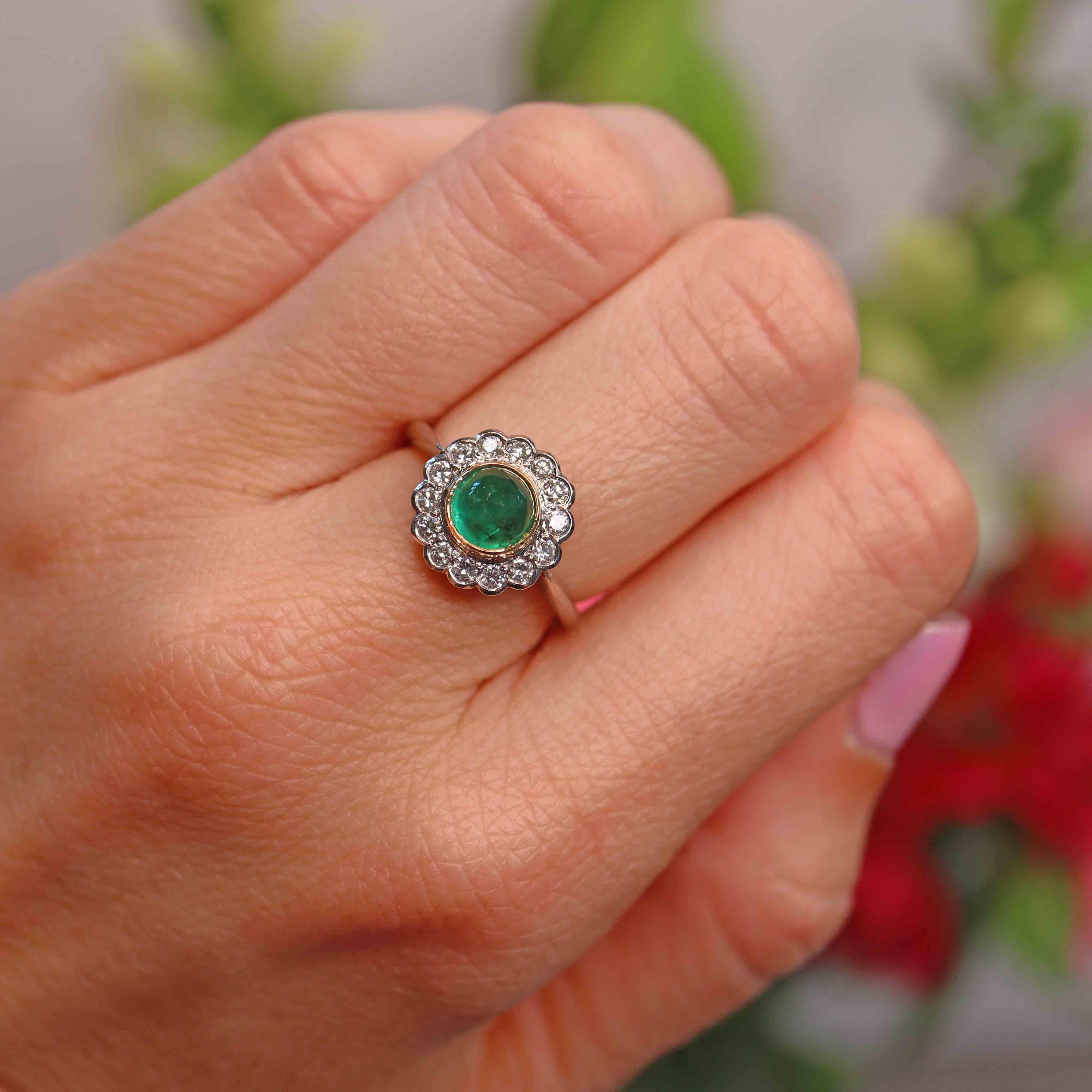 Ellibelle Jewellery Vintage Cabochon Emerald & Diamond Platinum Cluster Ring